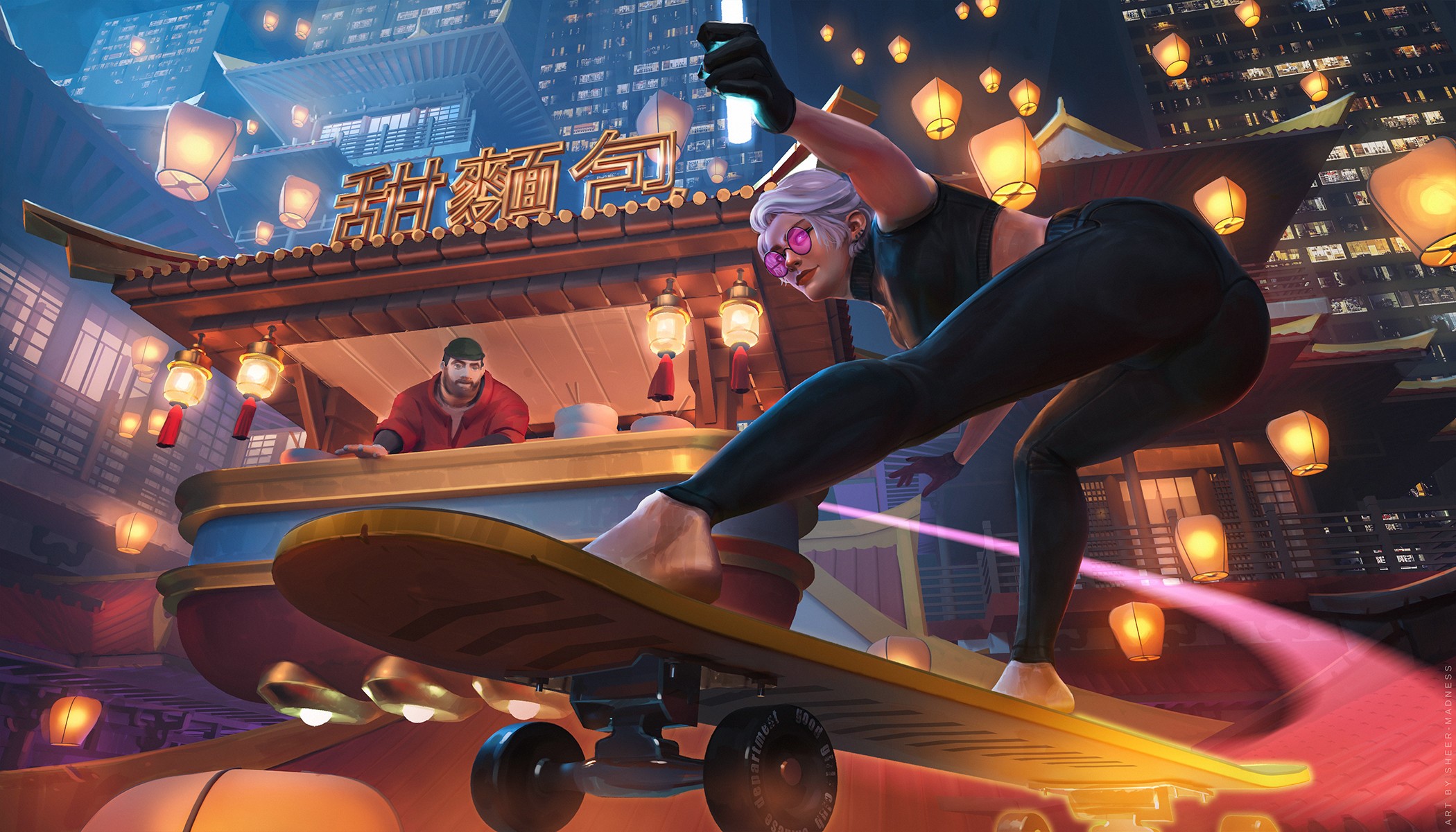 digital art, fantasy art, Olga Orlova, skateboard, Asian architecture HD Wallpaper