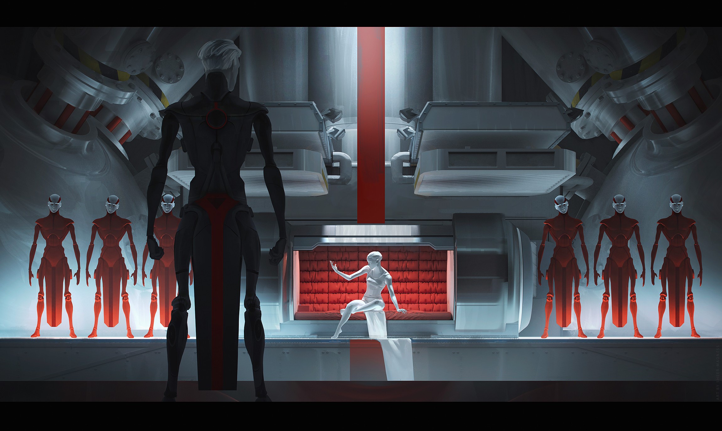 white, science fiction, red, digital art, Olga Orlova, fantasy art, black HD Wallpaper