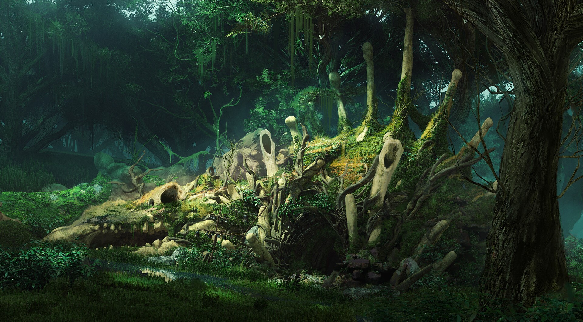 drawing, nature, plants, trees, skull, fossils, bones, Tomi Vaisanen, overgrown HD Wallpaper