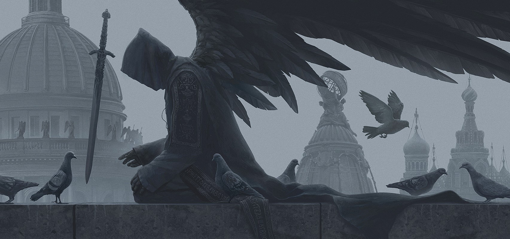 Western Architecture, dove, sword, digital art, fantasy art, Alexey Egorov, monochrome HD Wallpaper