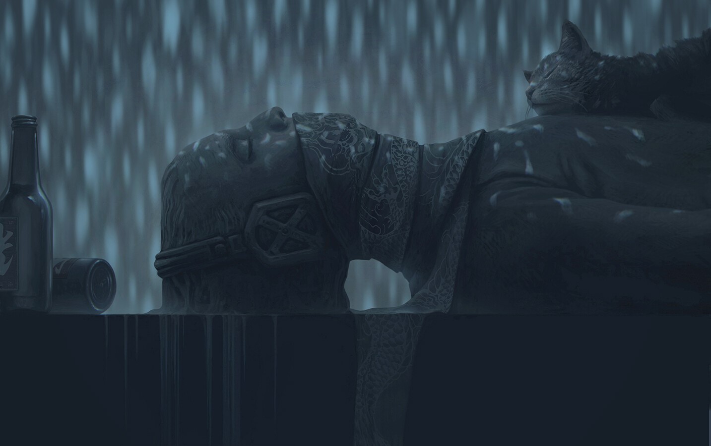 Alexey Egorov, digital art, rain, fantasy art, bottles, cats HD Wallpaper