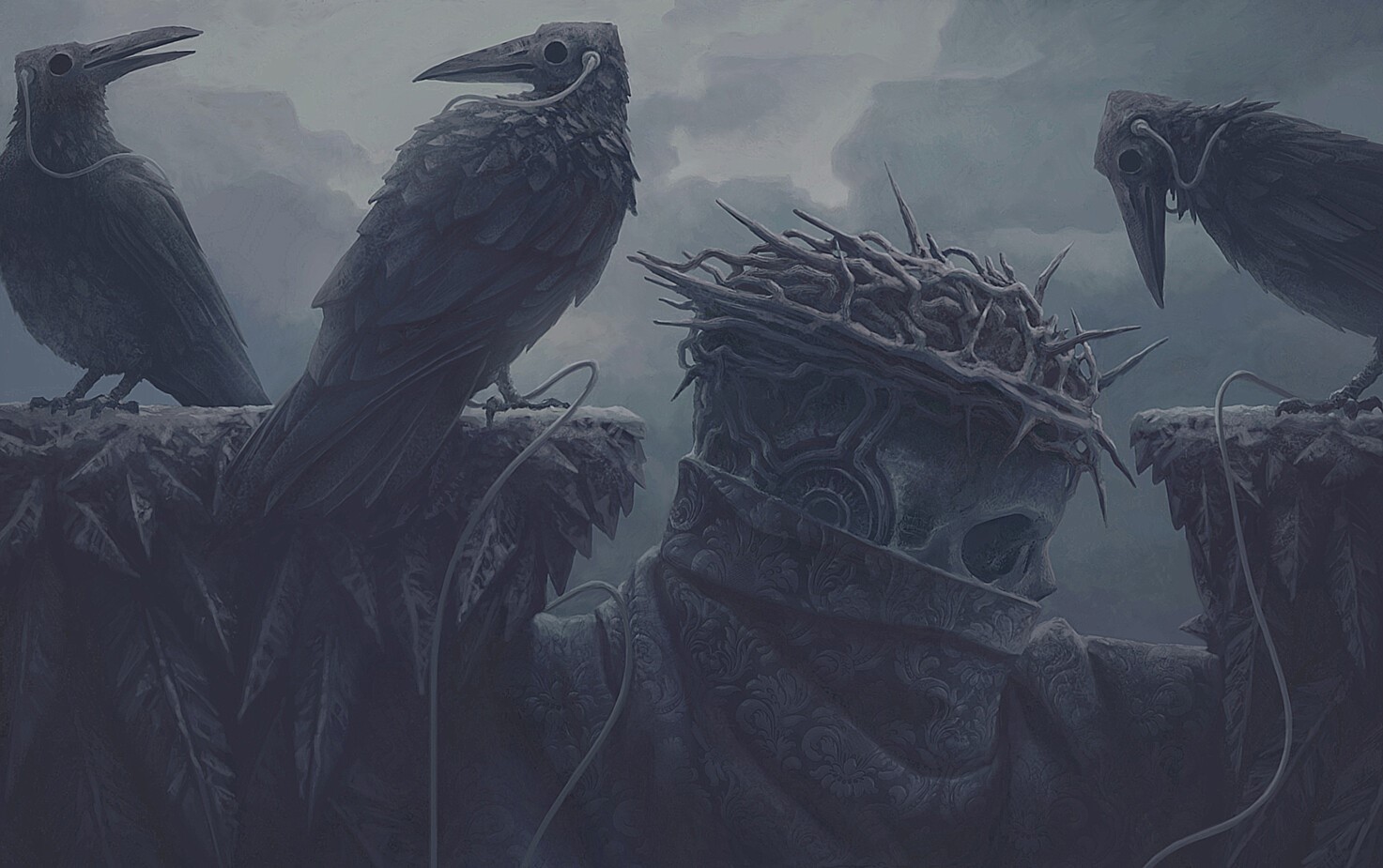crown of thorns, fantasy art, digital art, crow, Alexey Egorov, music HD Wallpaper