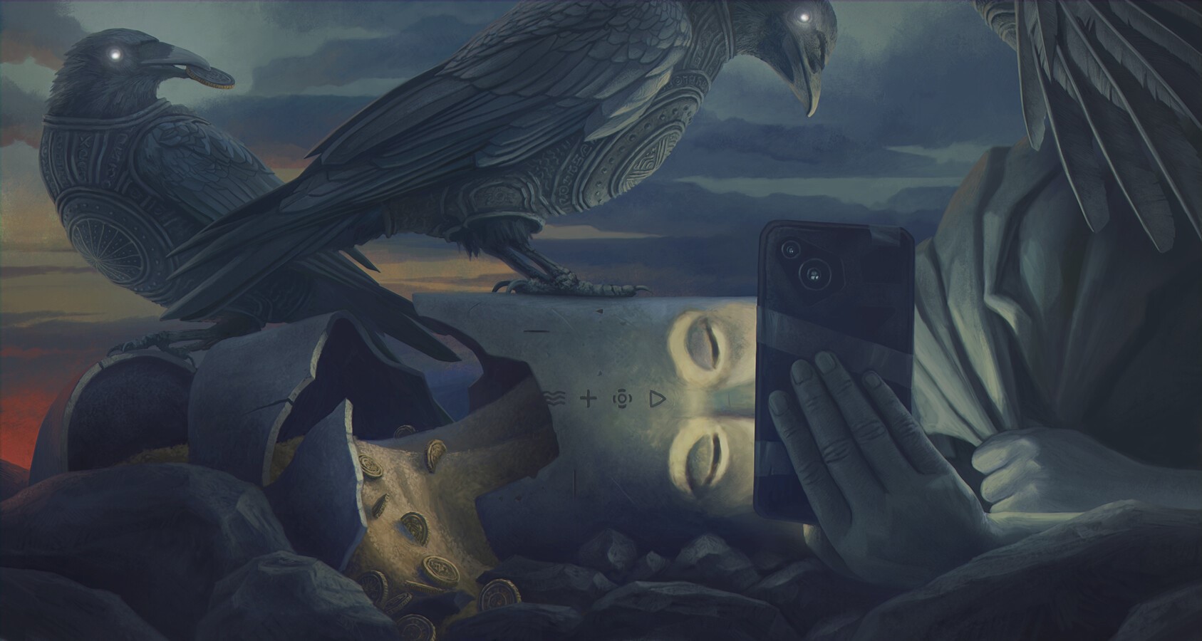 phone, Alexey Egorov, coins, digital art, fantasy art, birds HD Wallpaper