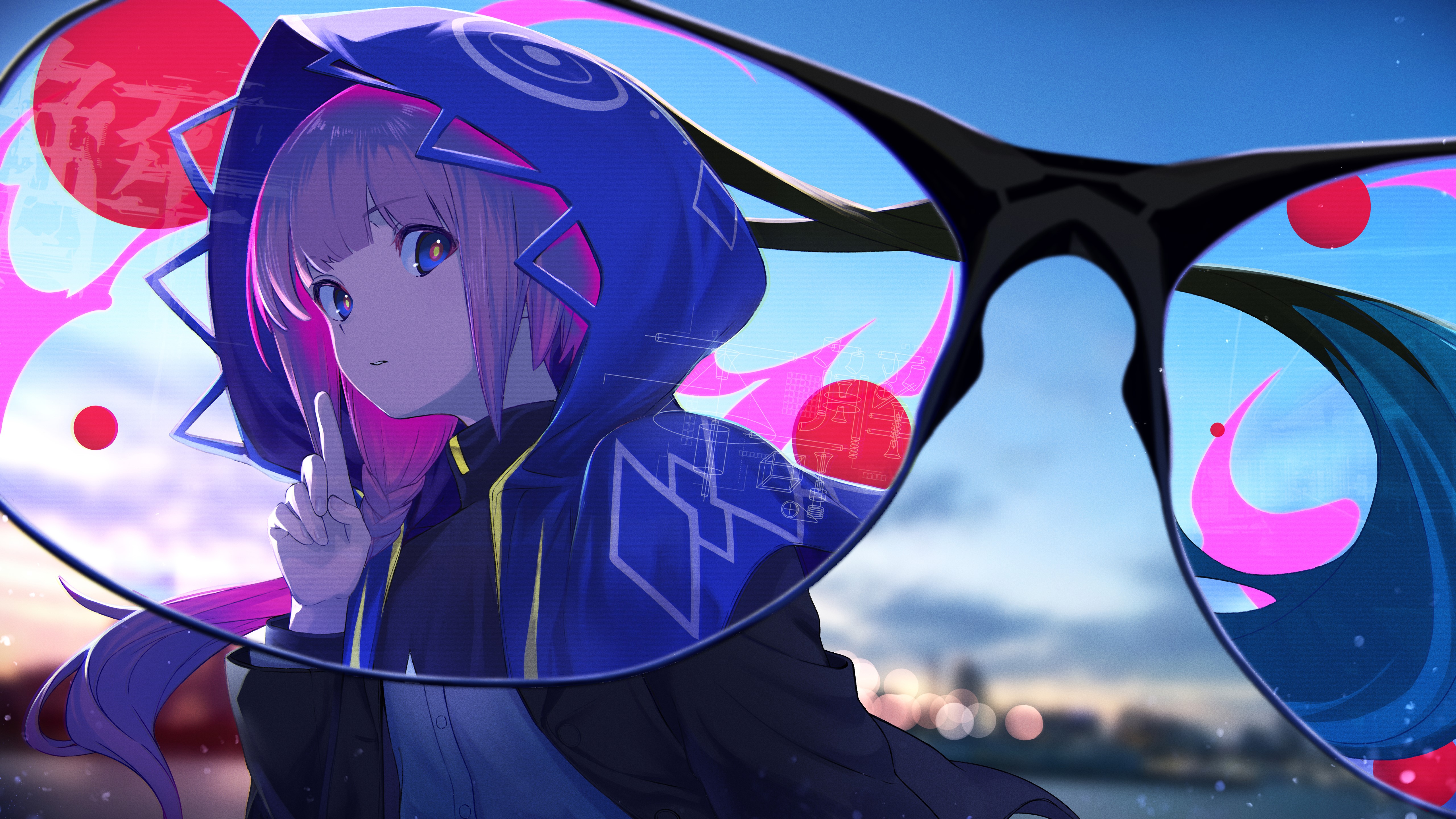 4K, city lights, sky, cloack, looking at viewer, Virtual Youtuber, sunset, blue eyes, glasses, long hair, anime girls, anime, clouds HD Wallpaper