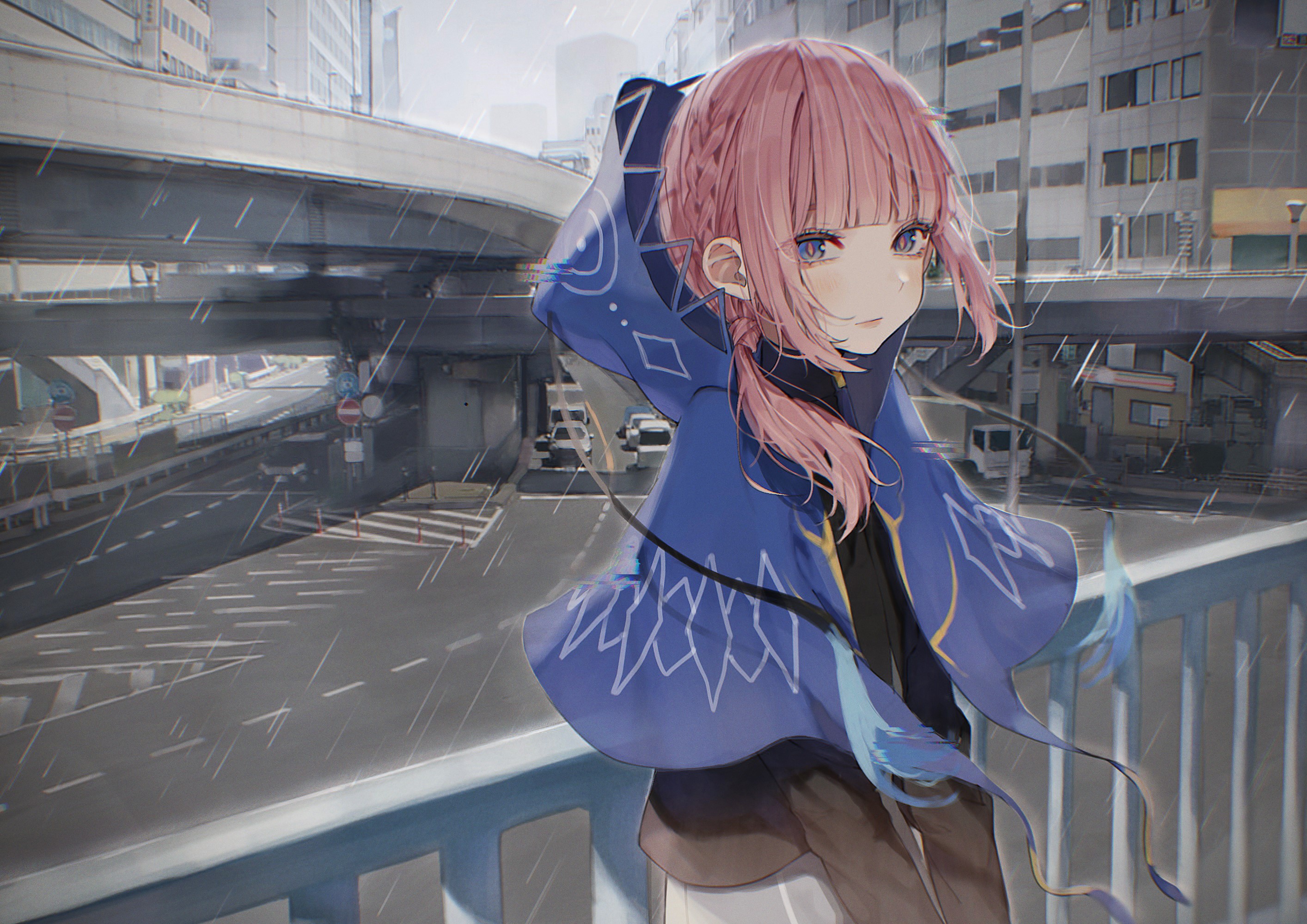 Daluto, Virtual Youtuber, street, rain, bangs, pink hair, anime girls, blue eyes, KAF HD Wallpaper