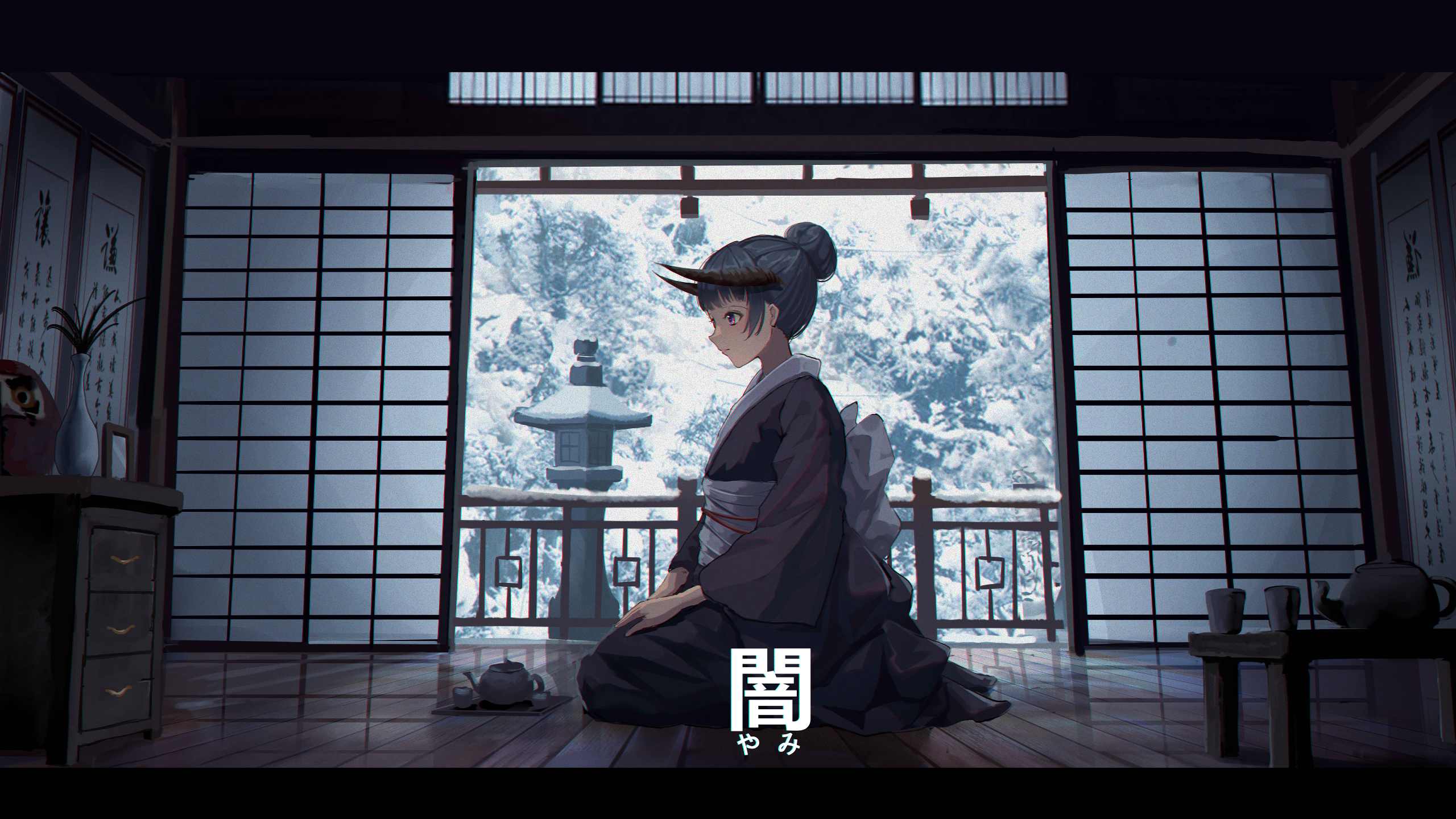 winter, anime, kneeling, horns, dark hair, demon girls, purple eyes, Japanese clothes, Qi==Qi, artwork HD Wallpaper