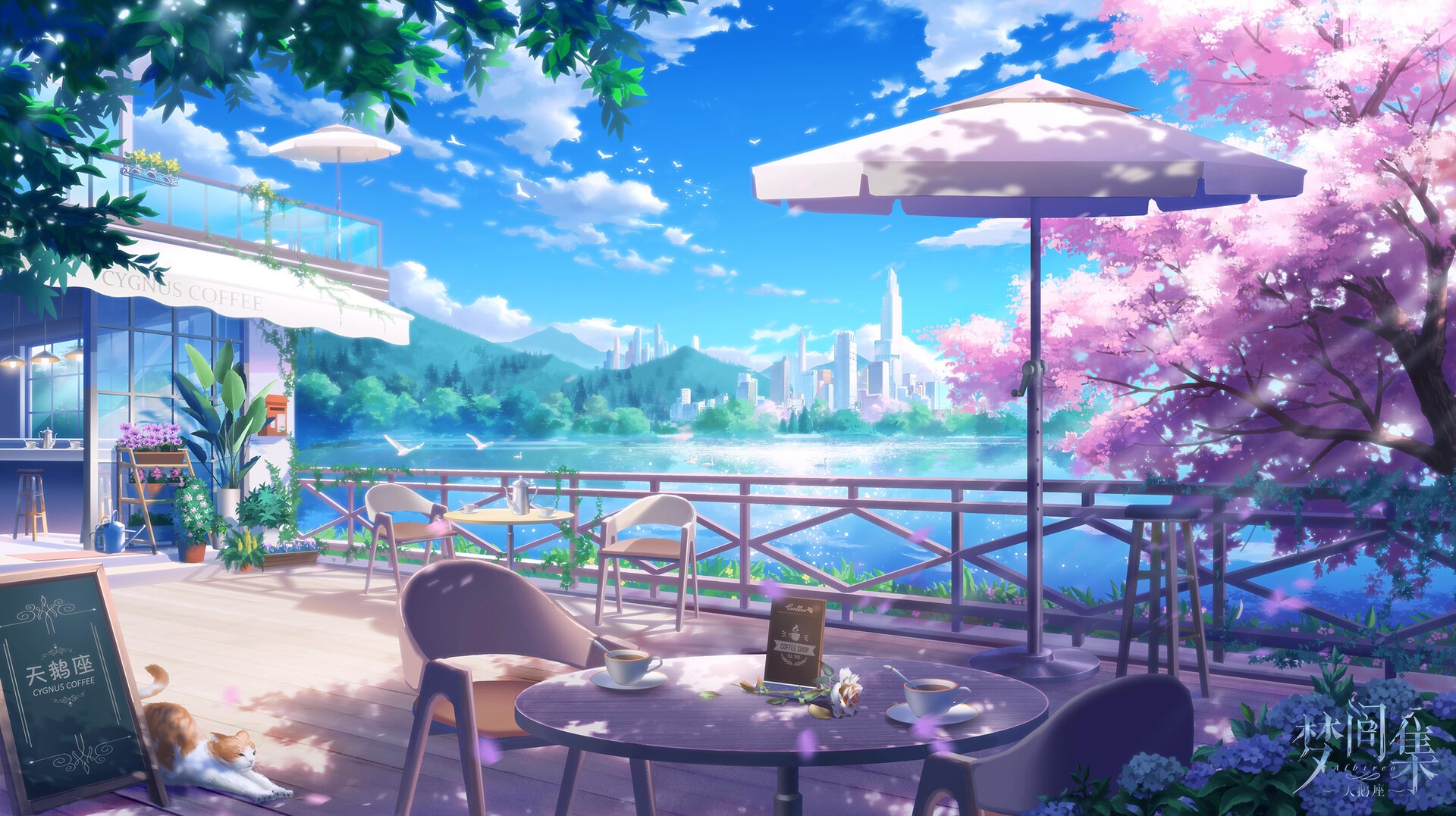 digital art, lake, coffee house, landscape, city, cherry blossom, coffee, Jun Zhang, fantasy art, cats, Asian architecture HD Wallpaper