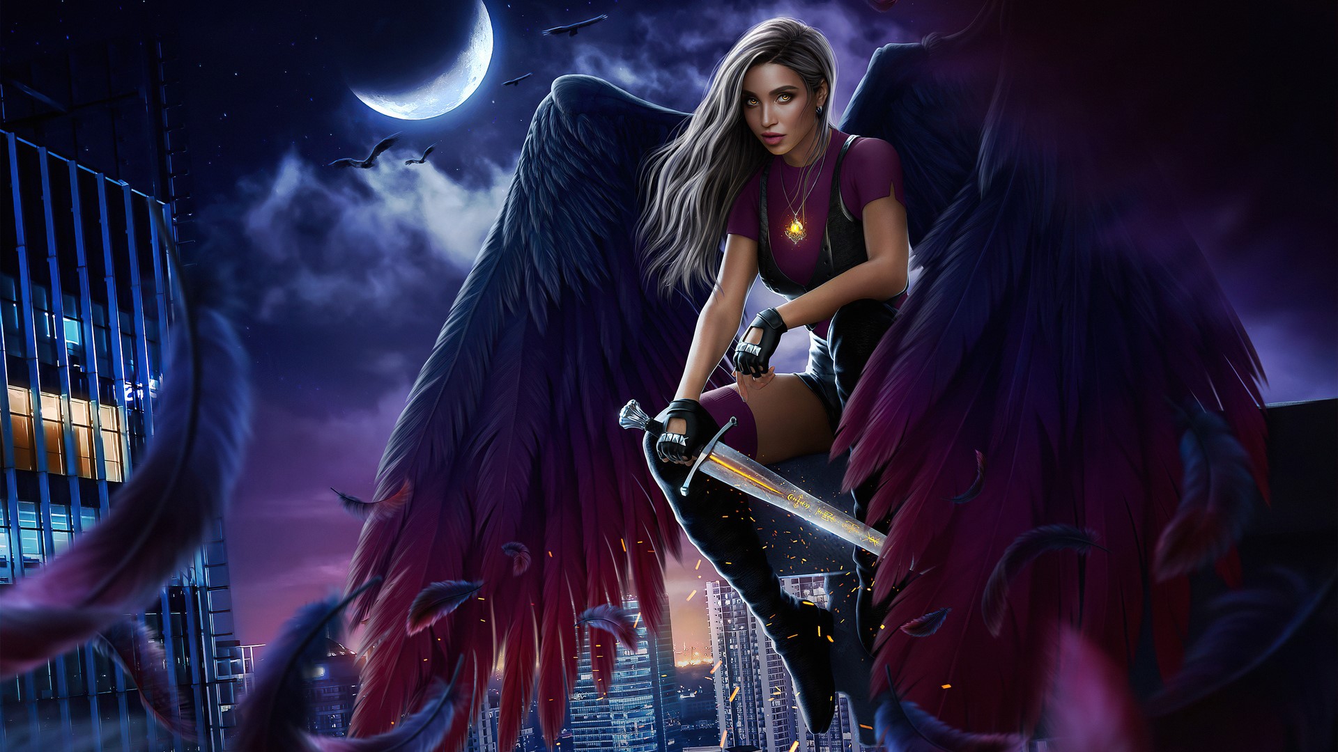 Moon, Dark Angel, necklace, brunette, weapon, fantasy girl, fantasy art, sword, wings, girls with swords, women, long hair HD Wallpaper