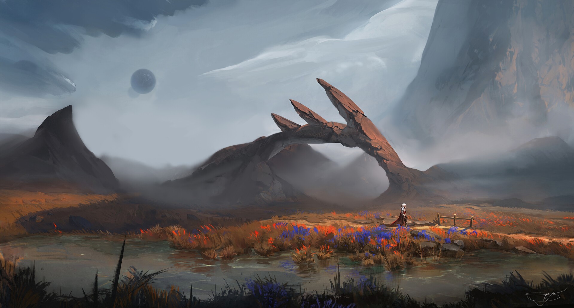 valley, river, mist, clouds, digital art, landscape, rock formation, Max Suleimanov HD Wallpaper