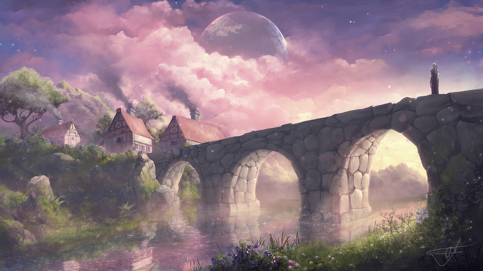 bridge, village, landscape, pink, cottage, digital art, planet, clouds, Max Suleimanov, trees HD Wallpaper