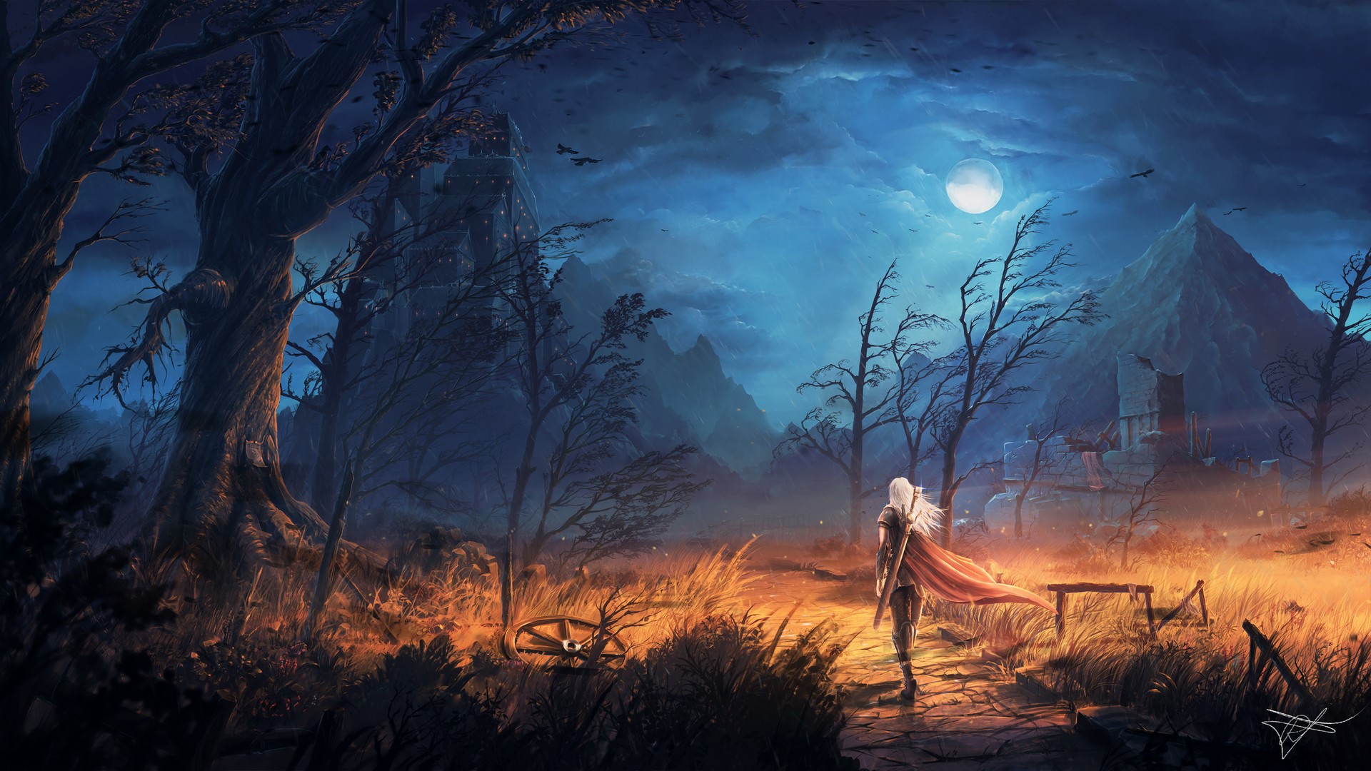 digital art, night, trees, Moon, Max Suleimanov, city, landscape, mountains, birds HD Wallpaper