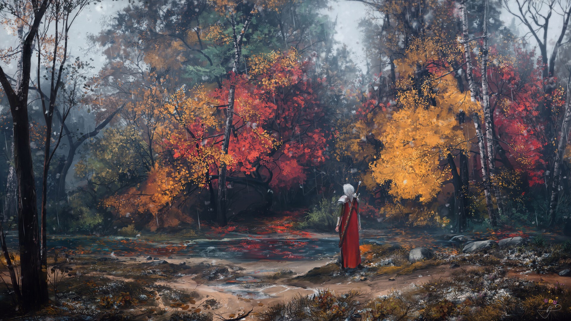 river, digital art, trees, Max Suleimanov, fall, lake, landscape HD Wallpaper