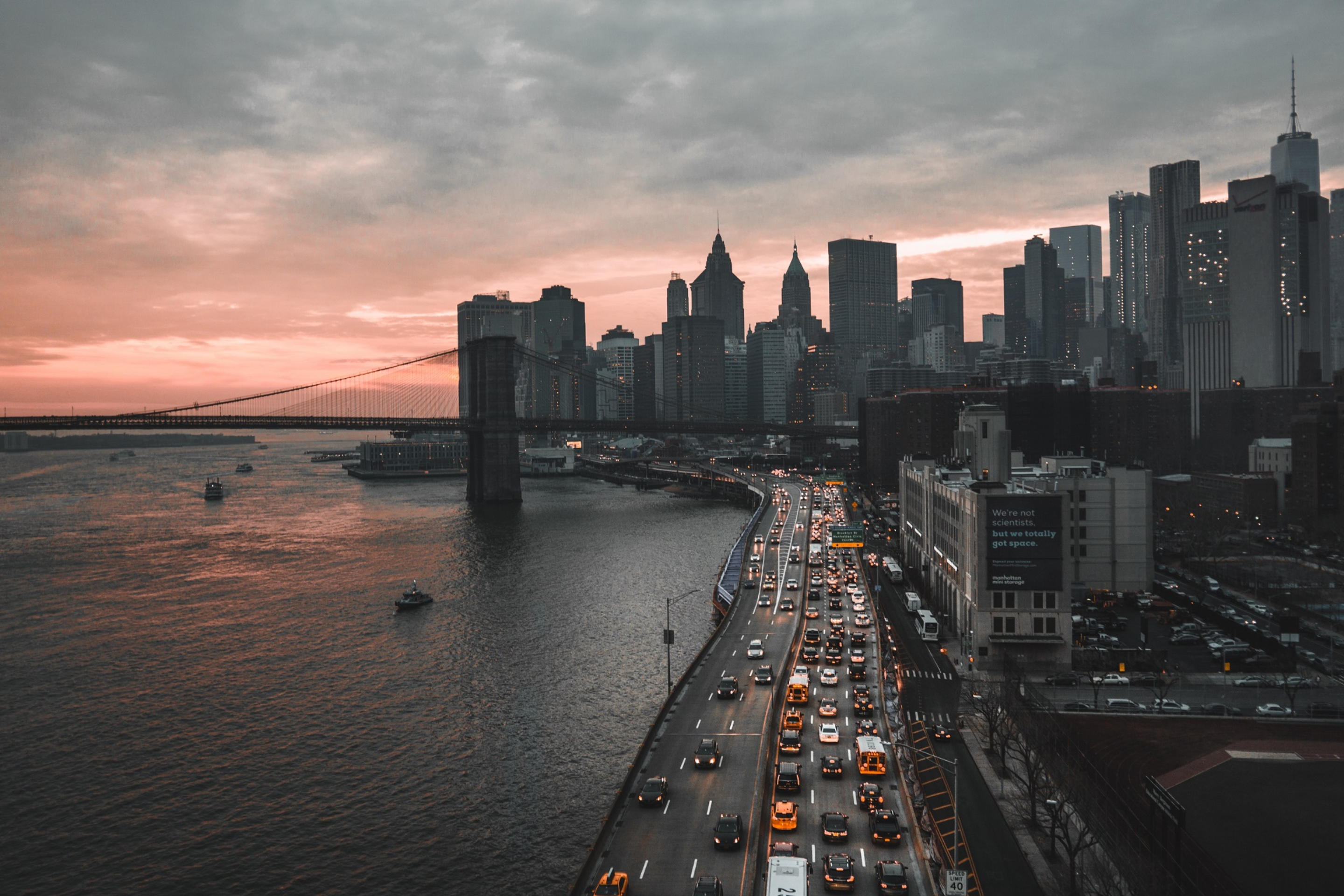 car, highway, sky, skyscraper, bridge, city, road, New York City, sea HD Wallpaper