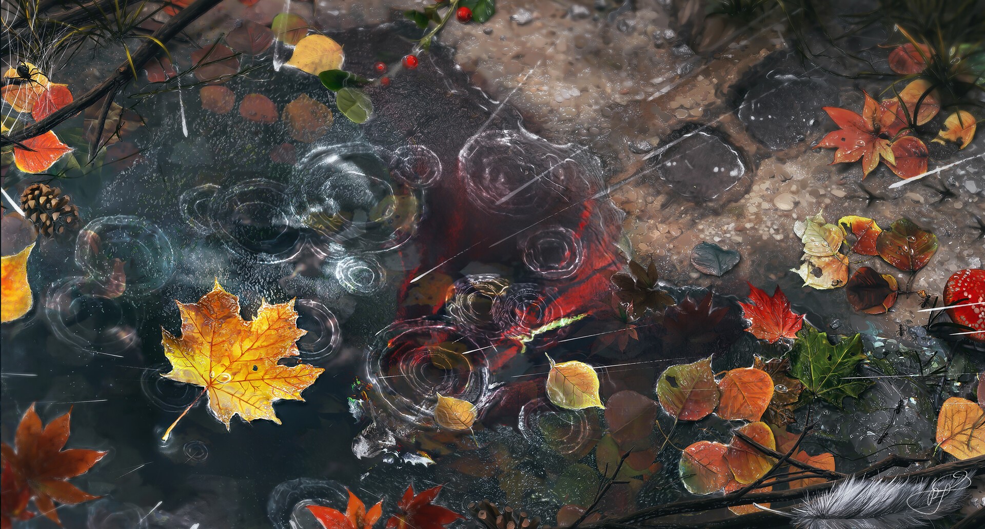 fall, leaves, rain, digital art, Max Suleimanov HD Wallpaper