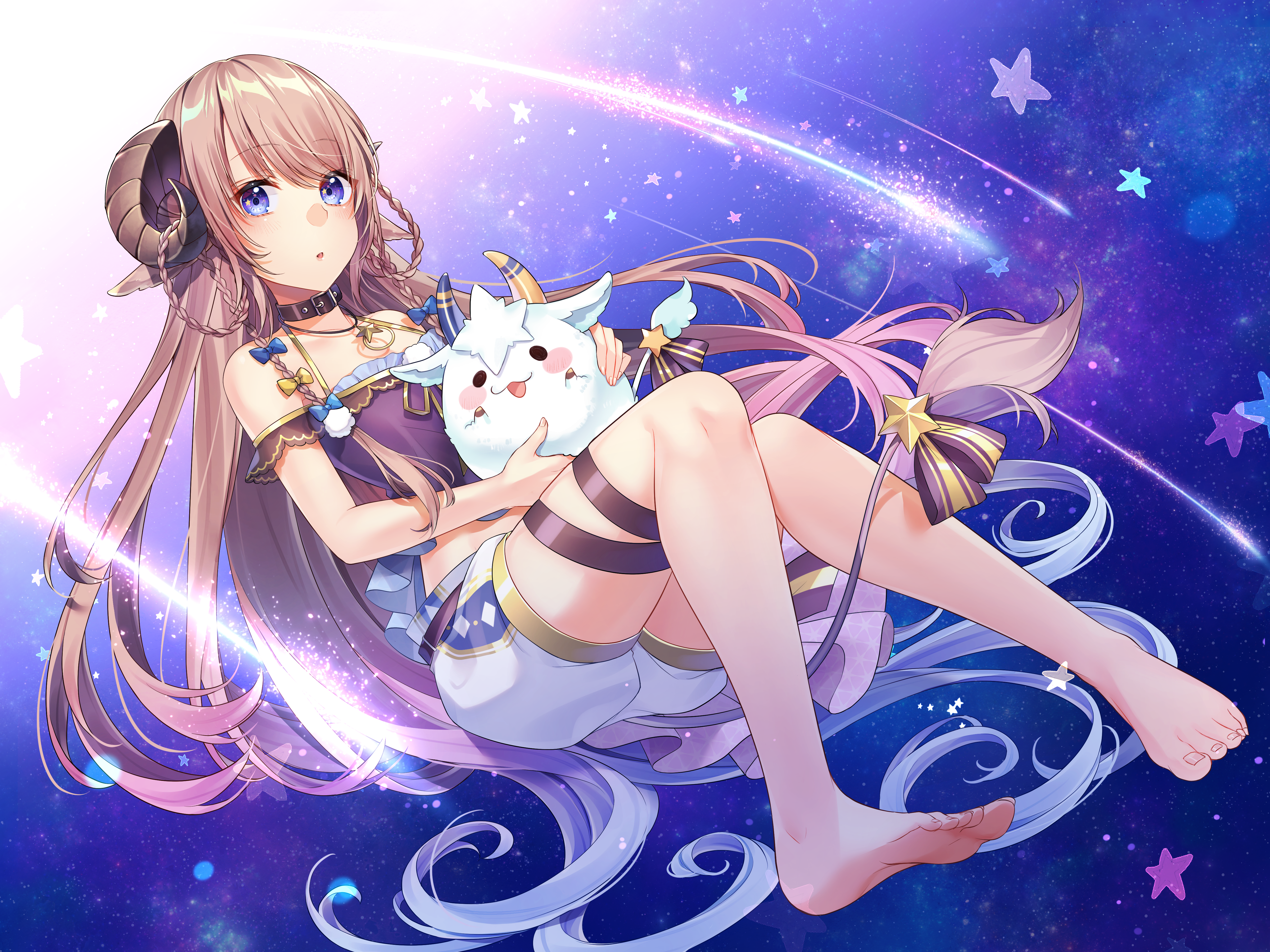 4K, legs, anime girls, Virtual Youtuber, feet, barefoot, animal ears, long hair, Kitazume Kumie, horns, brunette, blue eyes HD Wallpaper
