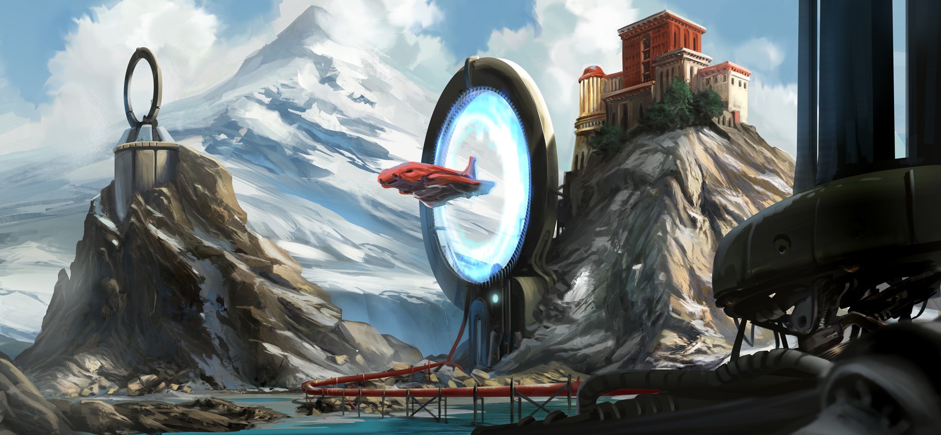 spaceship, fantasy art, portal, Daniele Montella, digital art, mountains HD Wallpaper