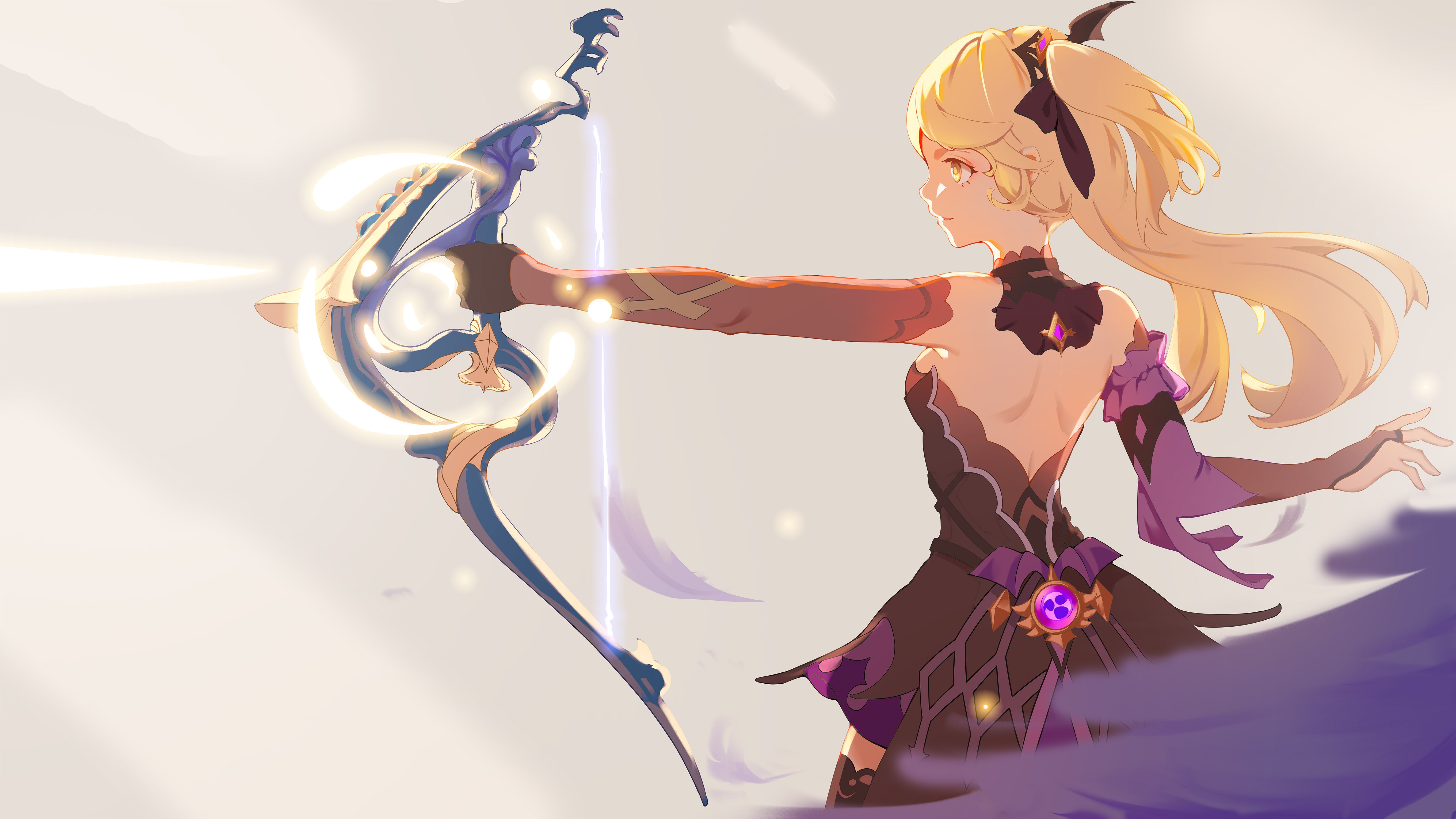 4K, Genshin Impact, bareback, bow, anime girls, Fischl (Genshin Impact) HD Wallpaper