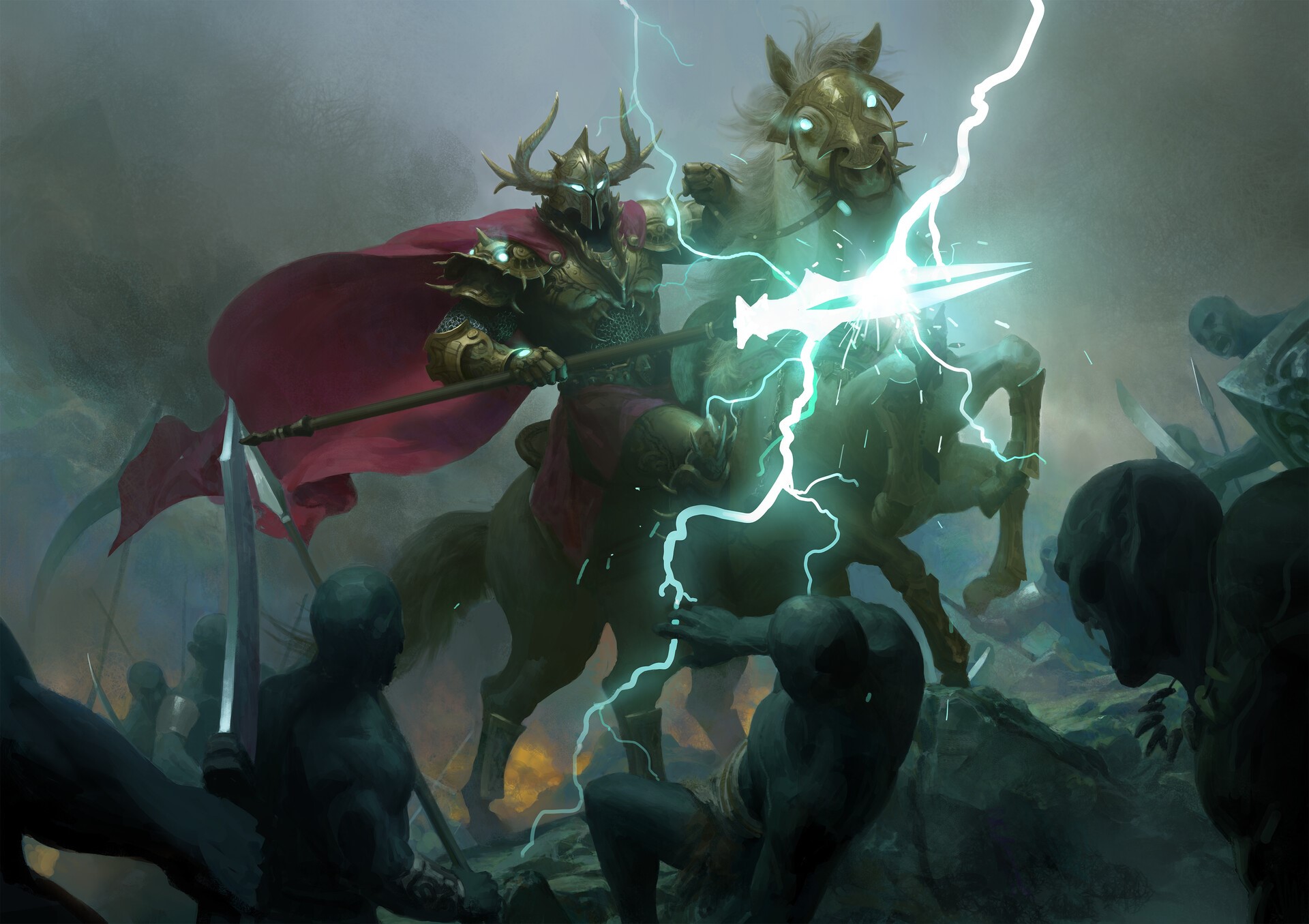 lightning, sword, Senfeng Chen, Odin, horse, battle, Sleipnir, spear, fantasy art HD Wallpaper