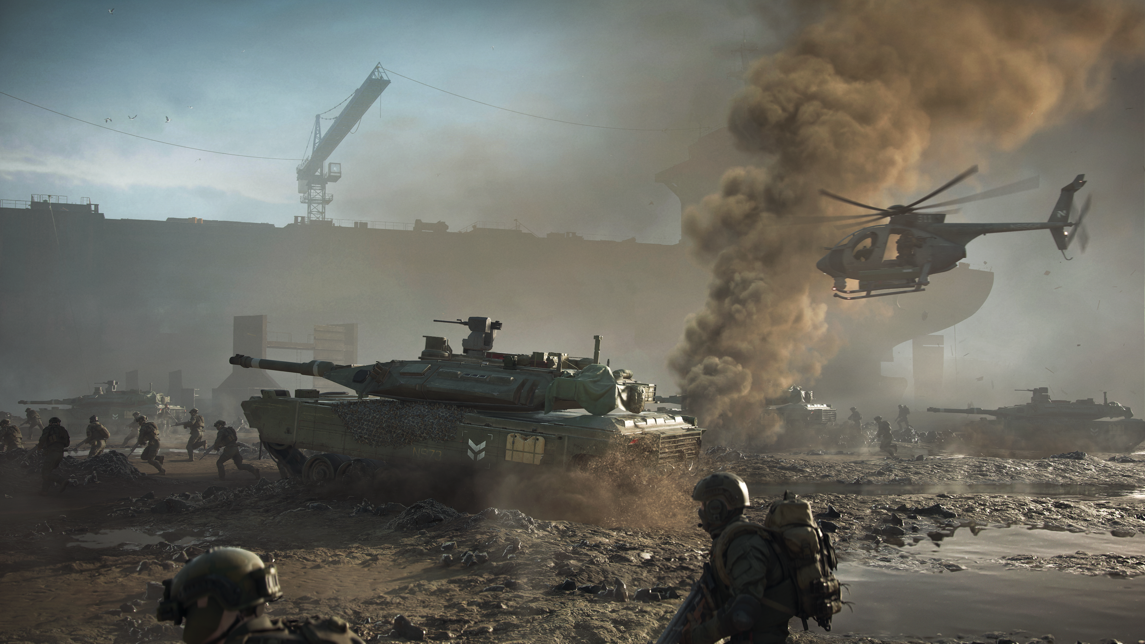 4K, Battlefield 2042, helicopters, gun, tank, mud, Battlefield, smoke, helmet, soldier HD Wallpaper