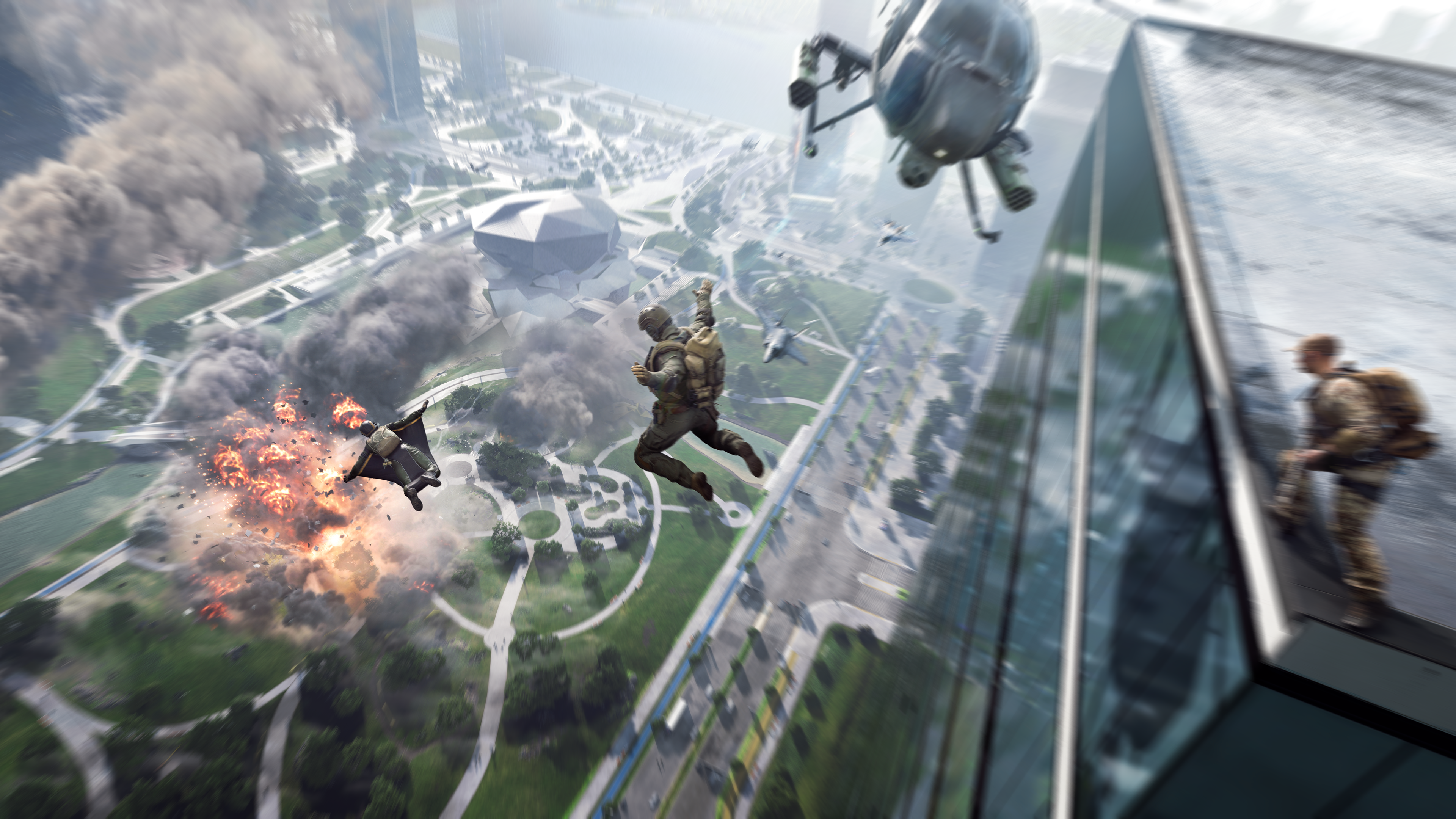 4K, helicopters, windsurfing, soldier, city, skyscraper, jumping, Battlefield, jet fighter, explosion, Battlefield 2042, street, smoke HD Wallpaper