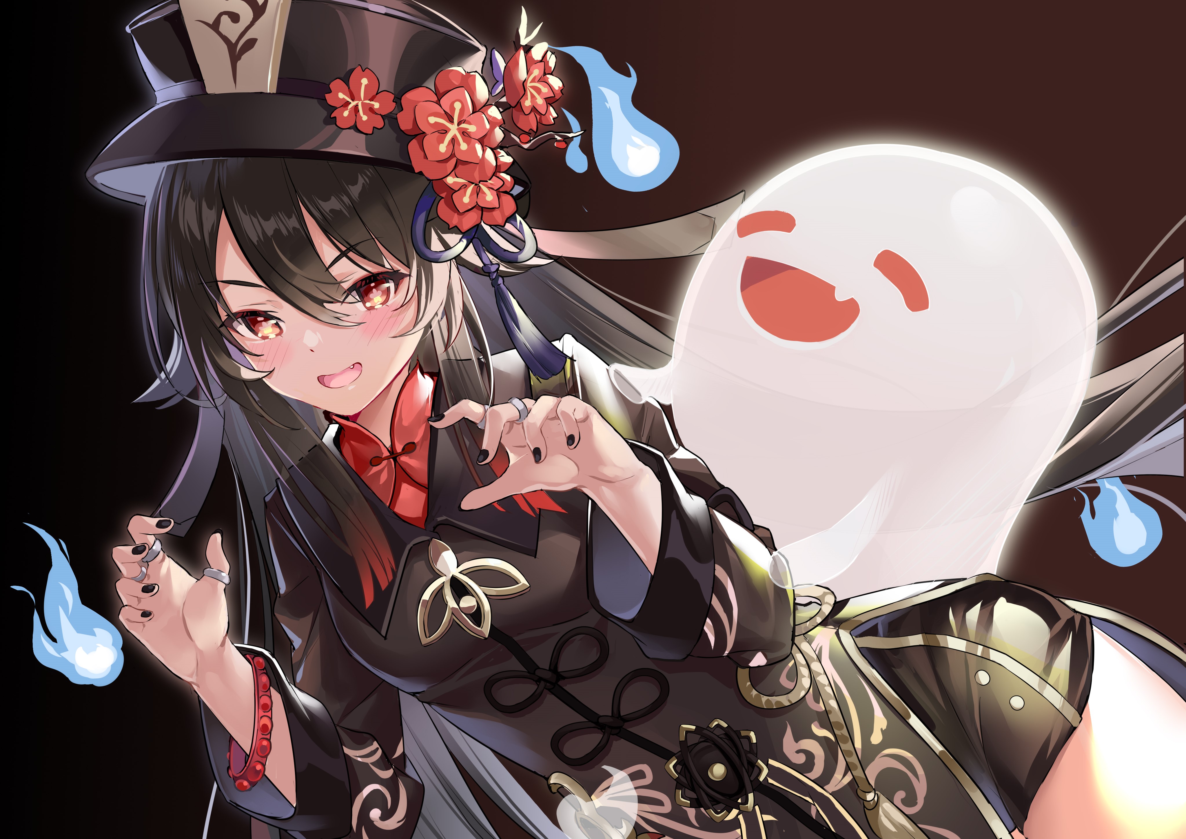 4K, anime girls, black hair, Kikimi, Hu Tao (Genshin Impact), long hair, smiling, Genshin Impact HD Wallpaper