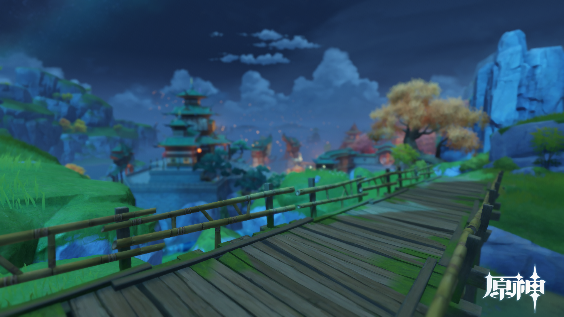 Genshin Impact, bridge, video games, anime, landscape HD Wallpaper