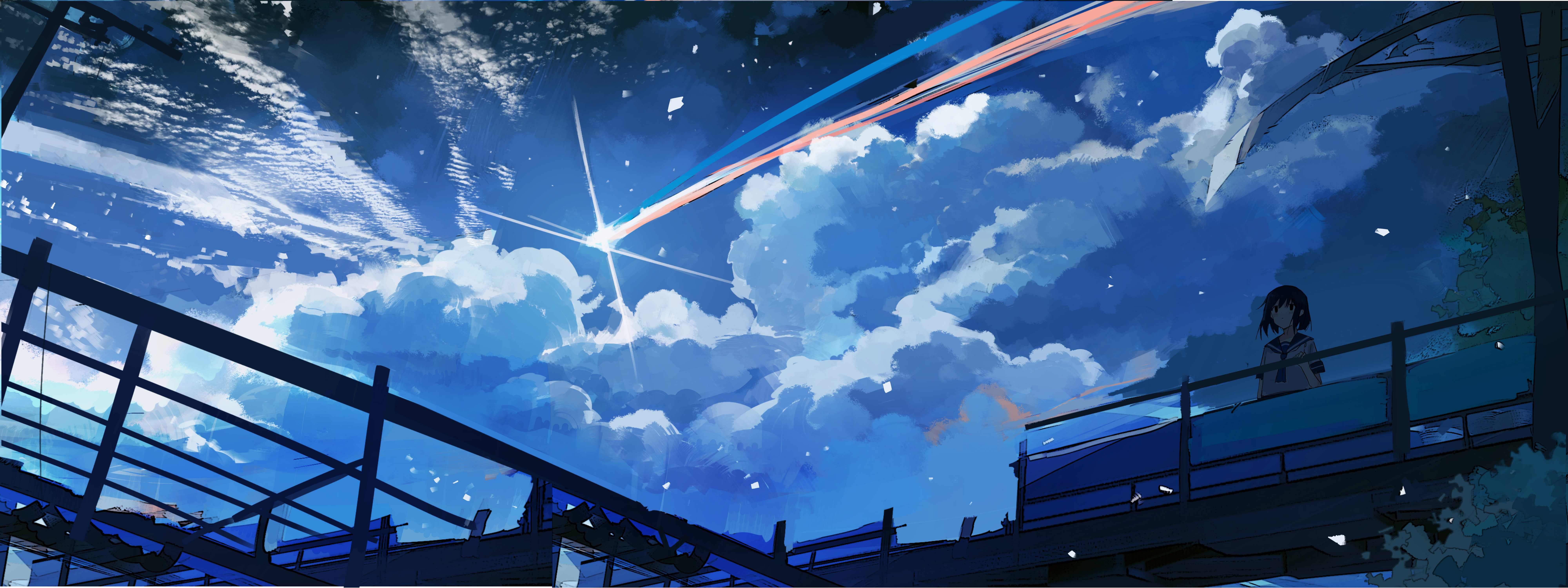 4K, moescape, sailor uniform, shooting stars, Axle, night, artwork, Kimi no Na Wa HD Wallpaper