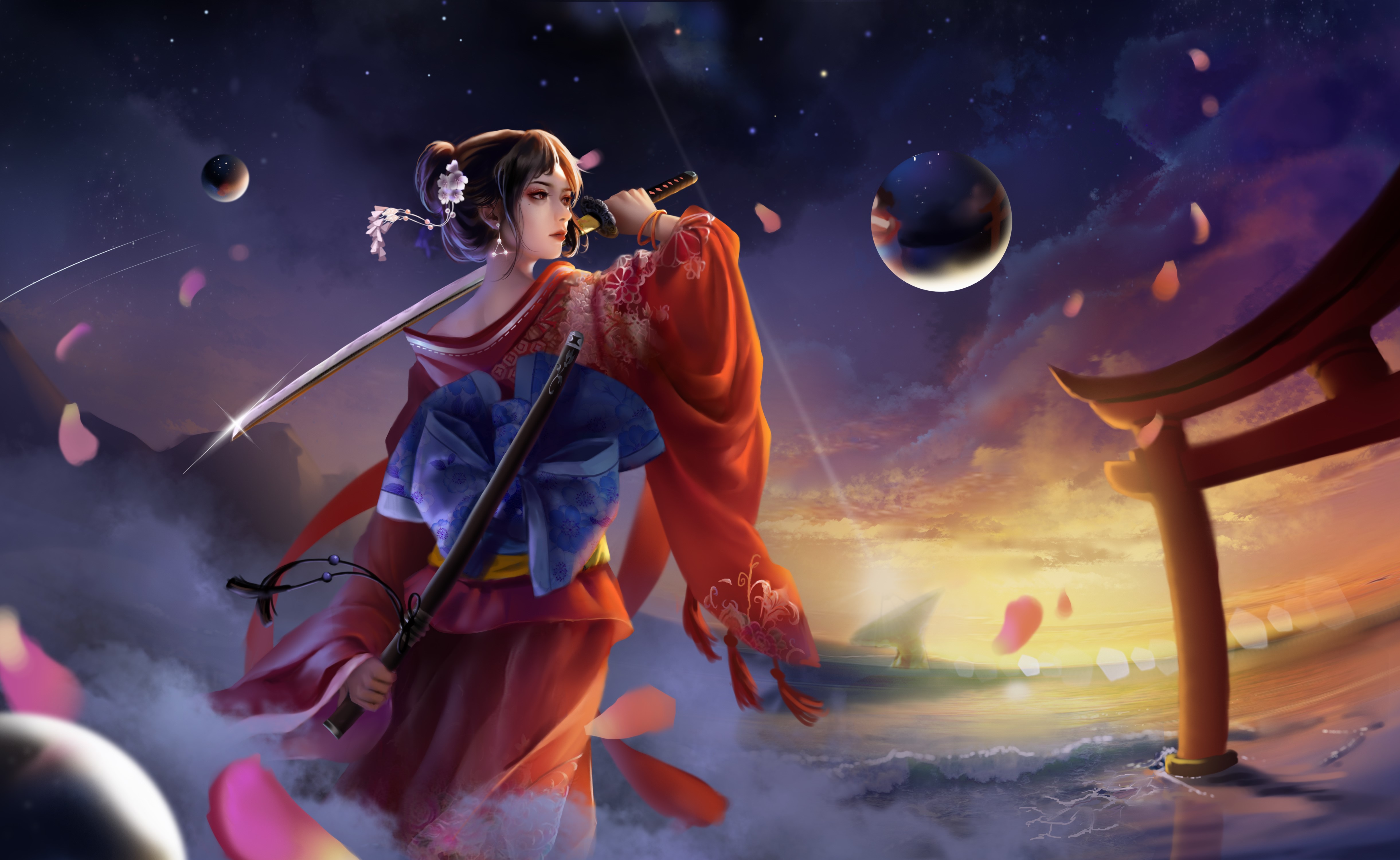 4K, sword, muyuan, red dress, girls with swords, Sophon, Asian, flower in hair, katana, women, weapon, fantasy art, dress, fantasy girl HD Wallpaper