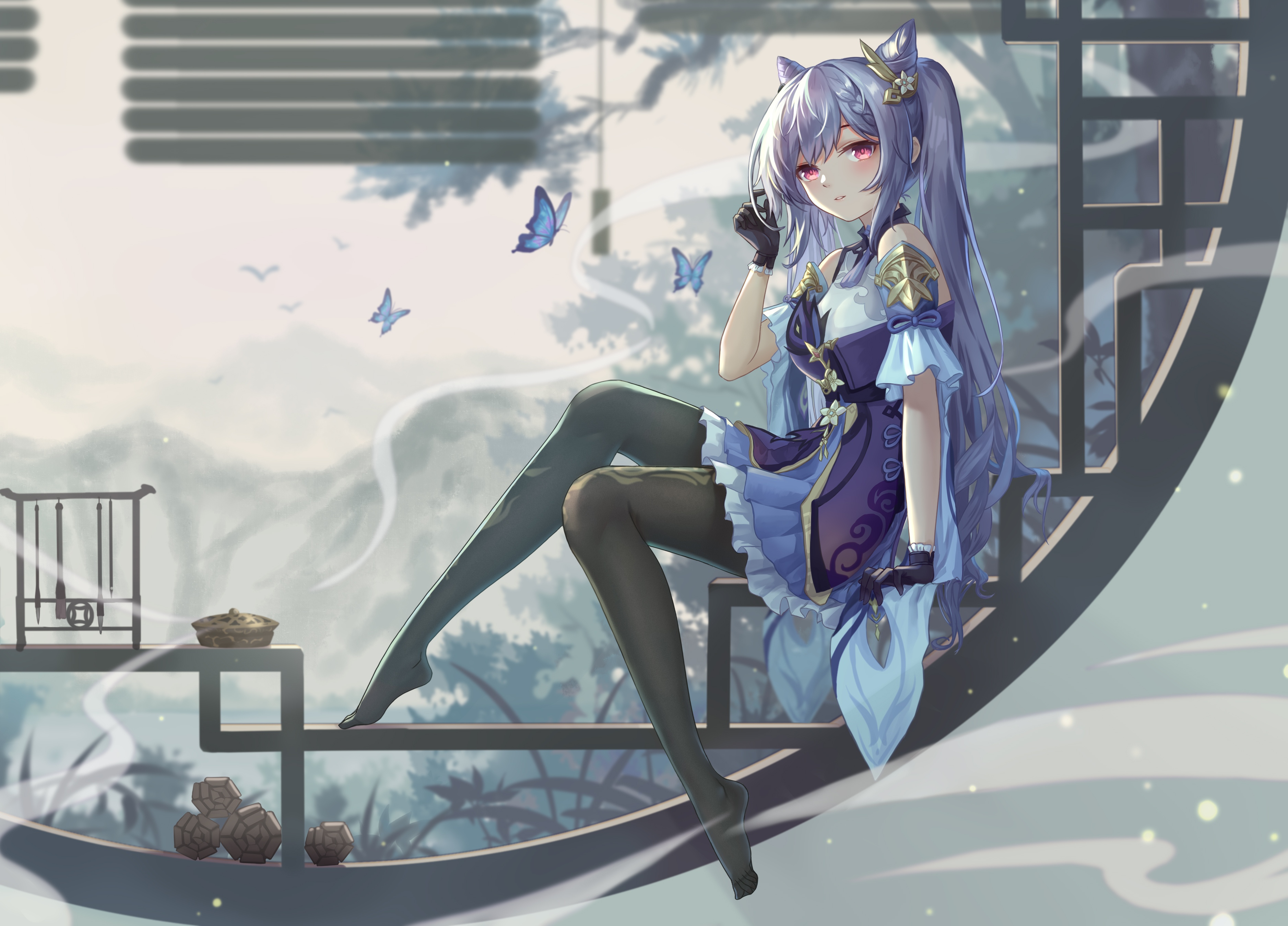 Keqing from Genshin Impact with butterflies HD Wallpaper
