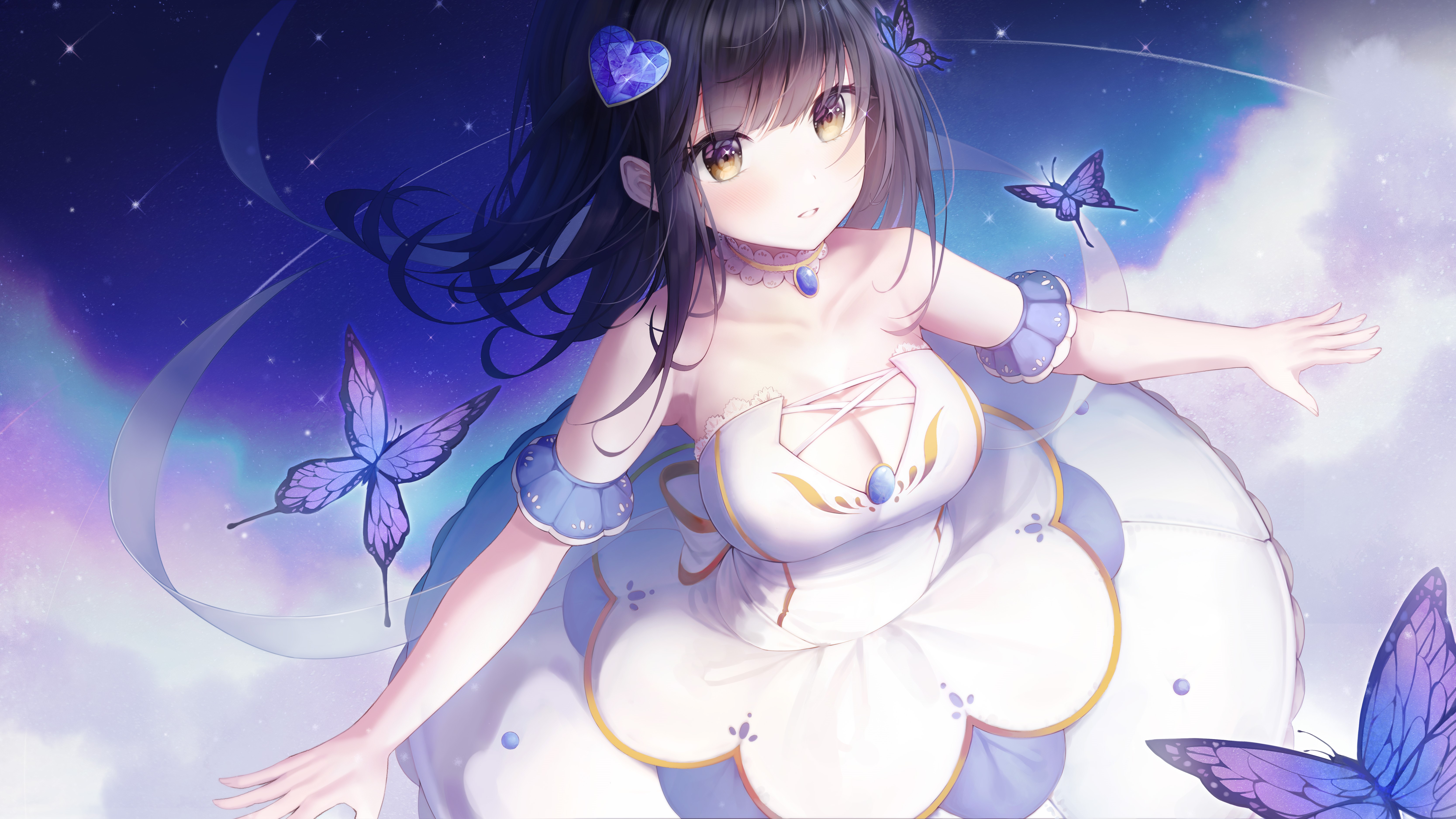 4K, Immi Immi, cleavage, artwork, bangs, dark hair, brown eyes, butterfly, anime girls, dress HD Wallpaper