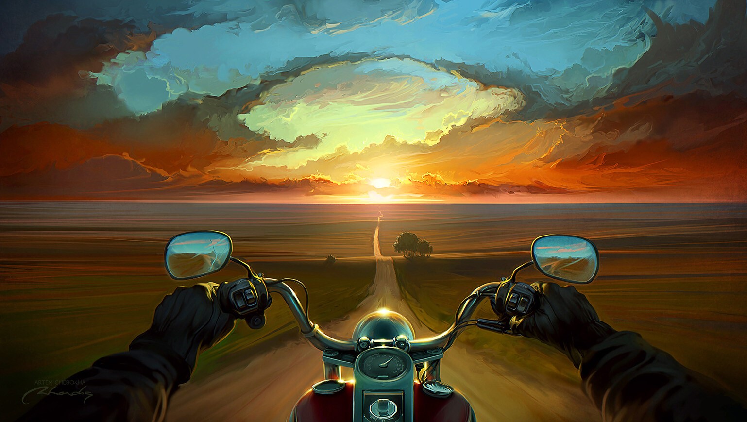 orange and teal, sunset, road, motorcycle, Artem Chebokha HD Wallpaper