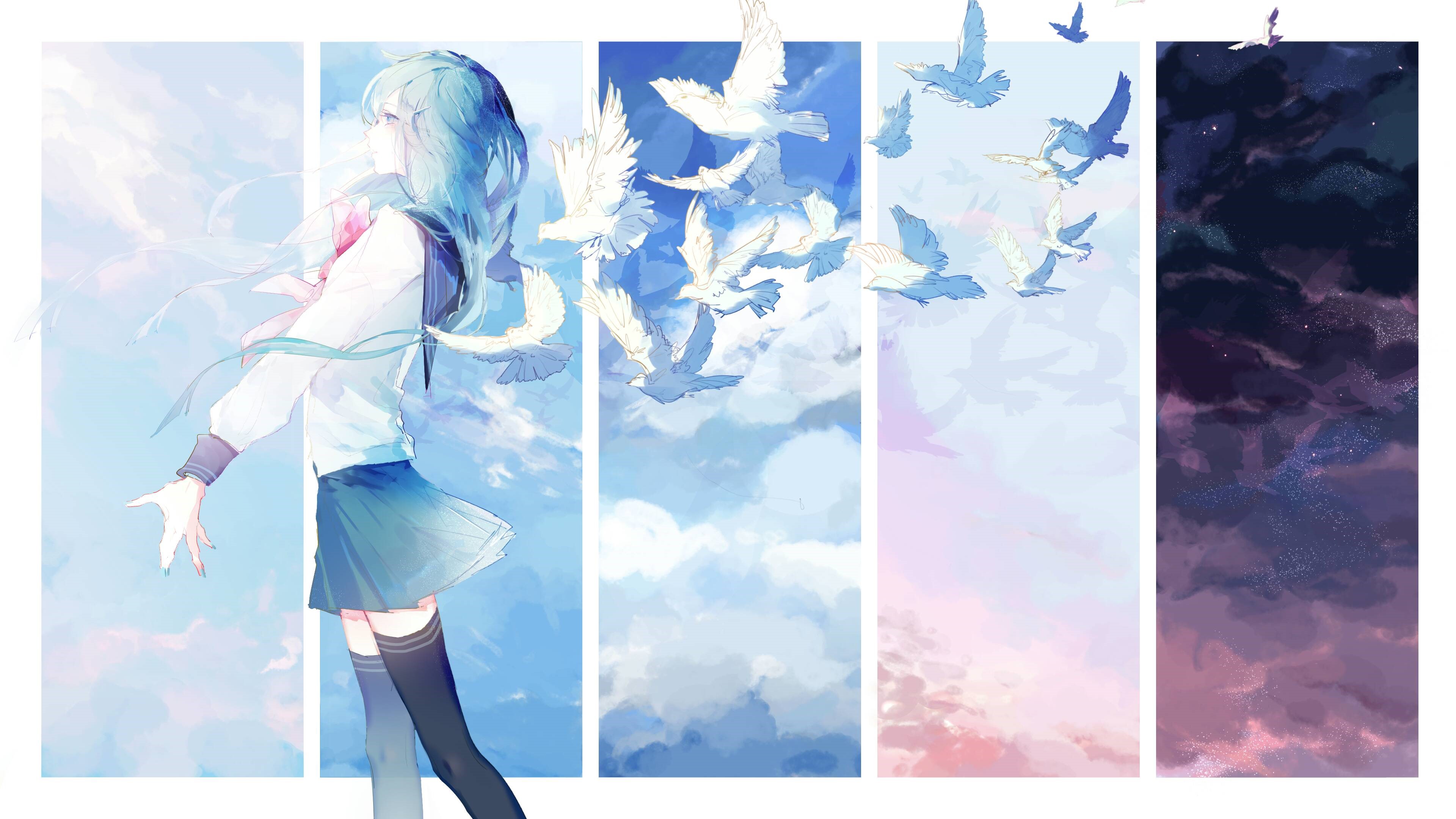 4K, 4K, drawing, anime girls, thigh-highs HD Wallpaper