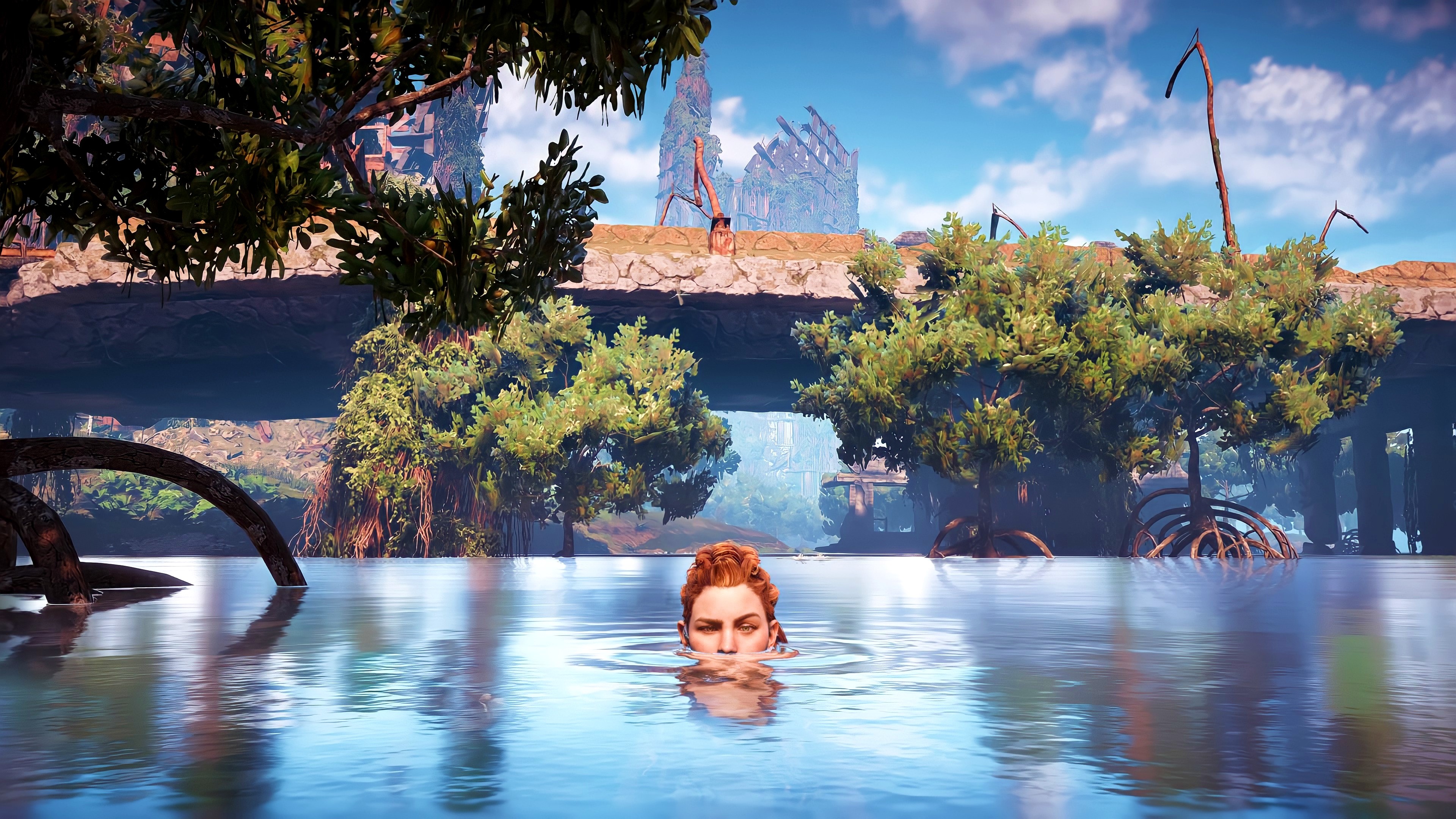 4K, Aloy (Horizon: Zero Dawn), Horizon: Zero Dawn, video game girls, screen shot, Video Game Landscape, horizon zero dawn, guerrilla games, PlayStation, video games HD Wallpaper