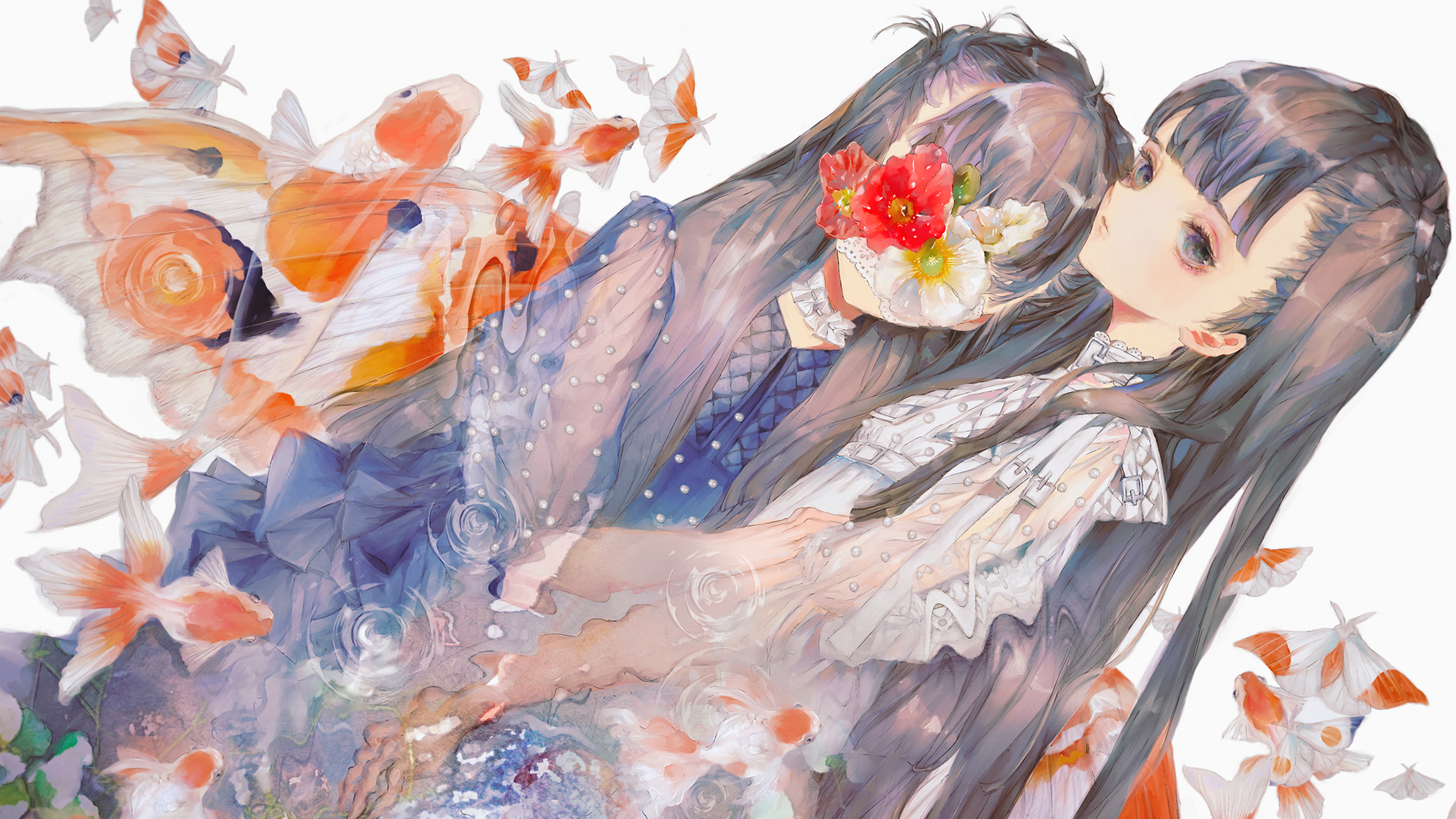 anime girls, flowers, anime, Yogisya, long hair, fish, dress HD Wallpaper