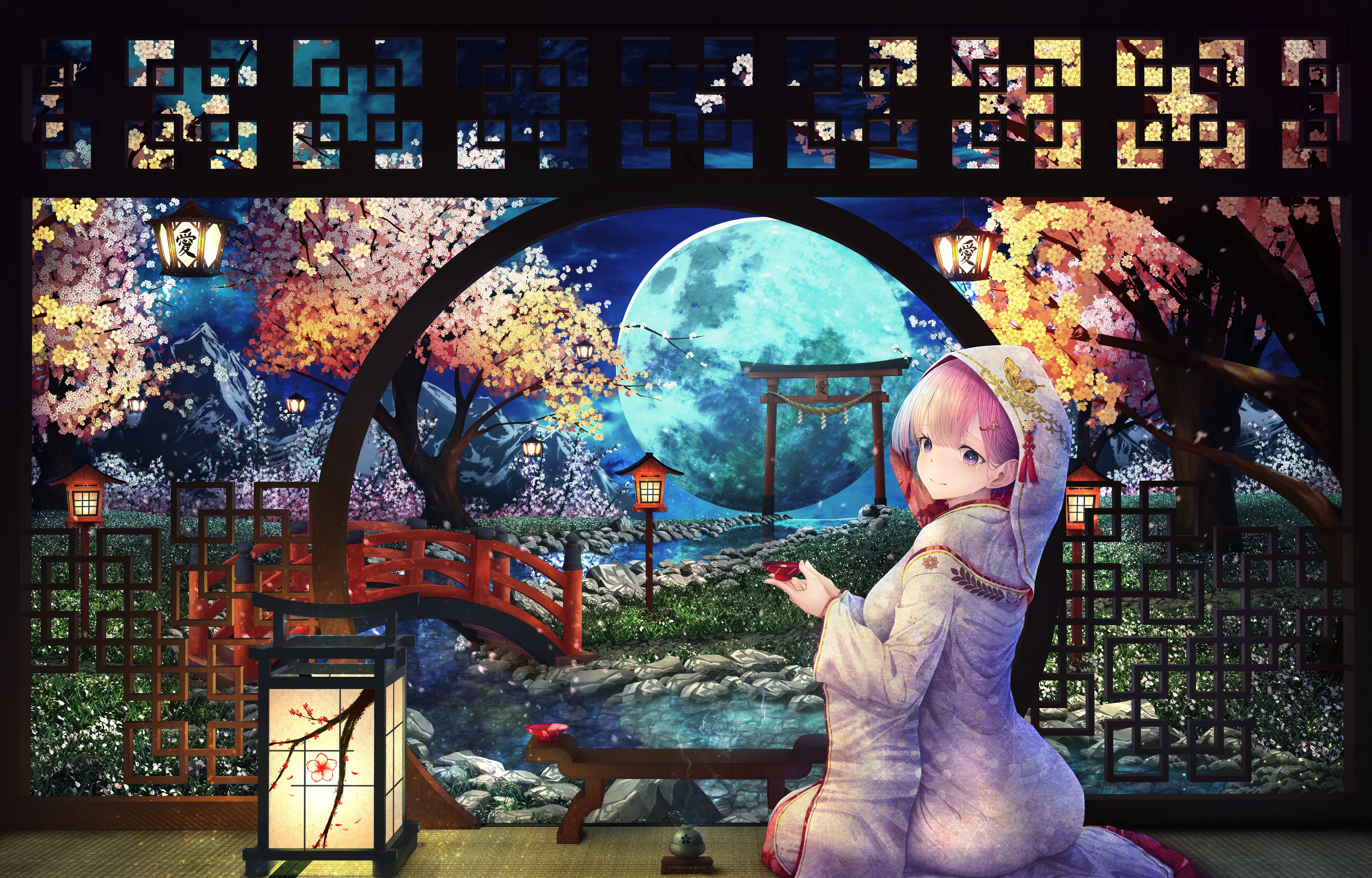 4K, tears, pink eyes, Moon, pink hair HD Wallpaper