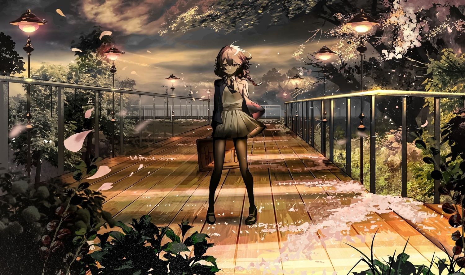 plants, leaves, lantern, standing, looking at viewer, anime, women outdoors, anime girls, original characters HD Wallpaper