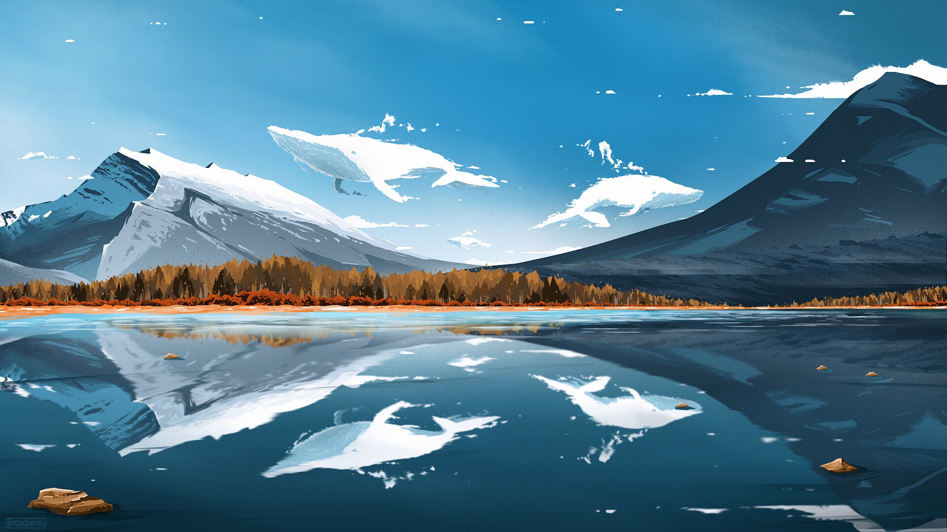 landscape, reflection, clouds, whale, mountains, jh adams, artwork HD Wallpaper