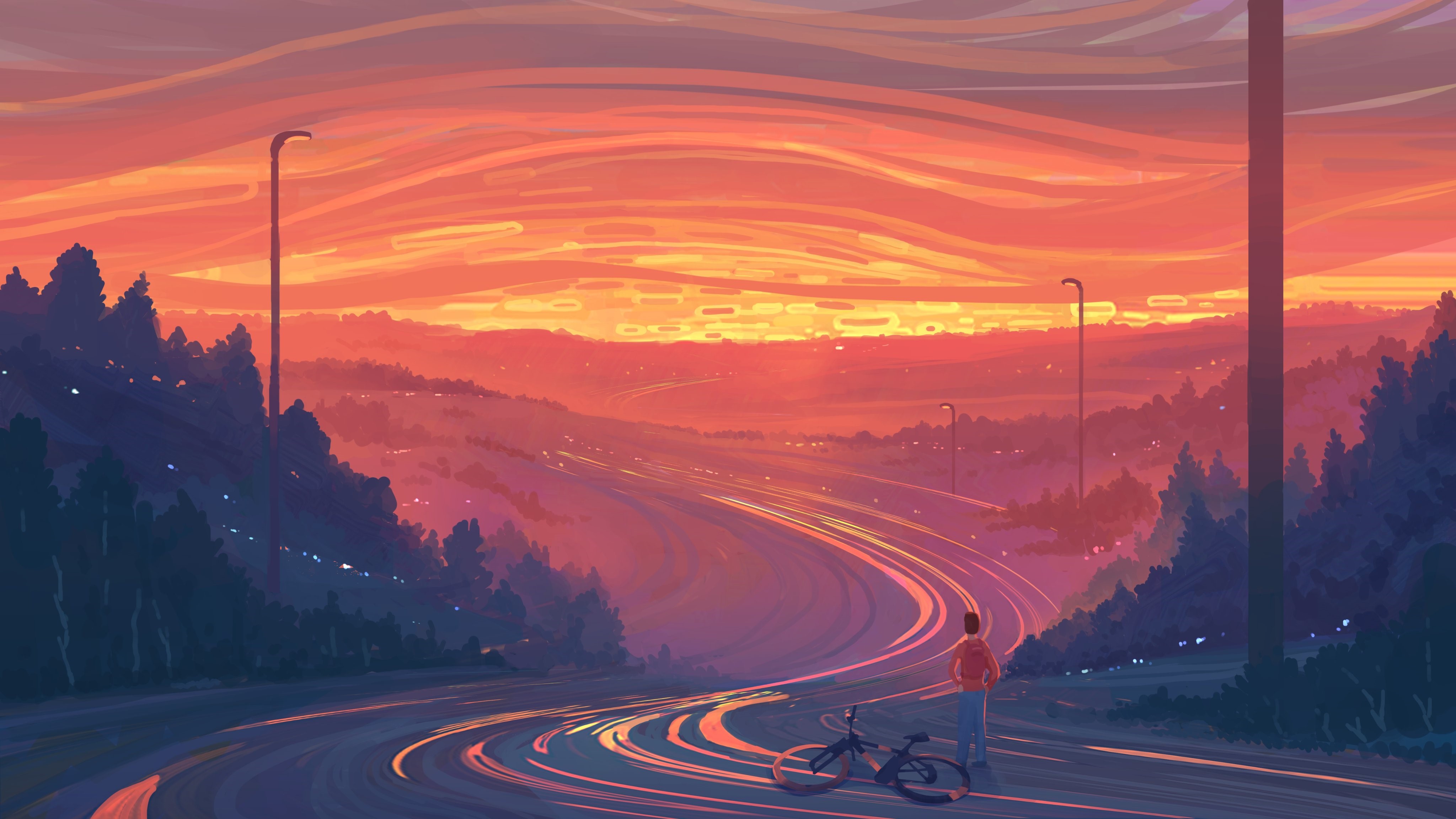 4K, bicycle, artwork, sunset, road HD Wallpaper