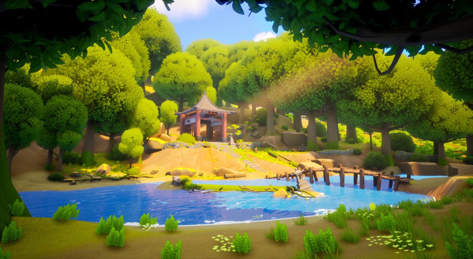 water, forest, digital, Nicholas Balm, shrine HD Wallpaper