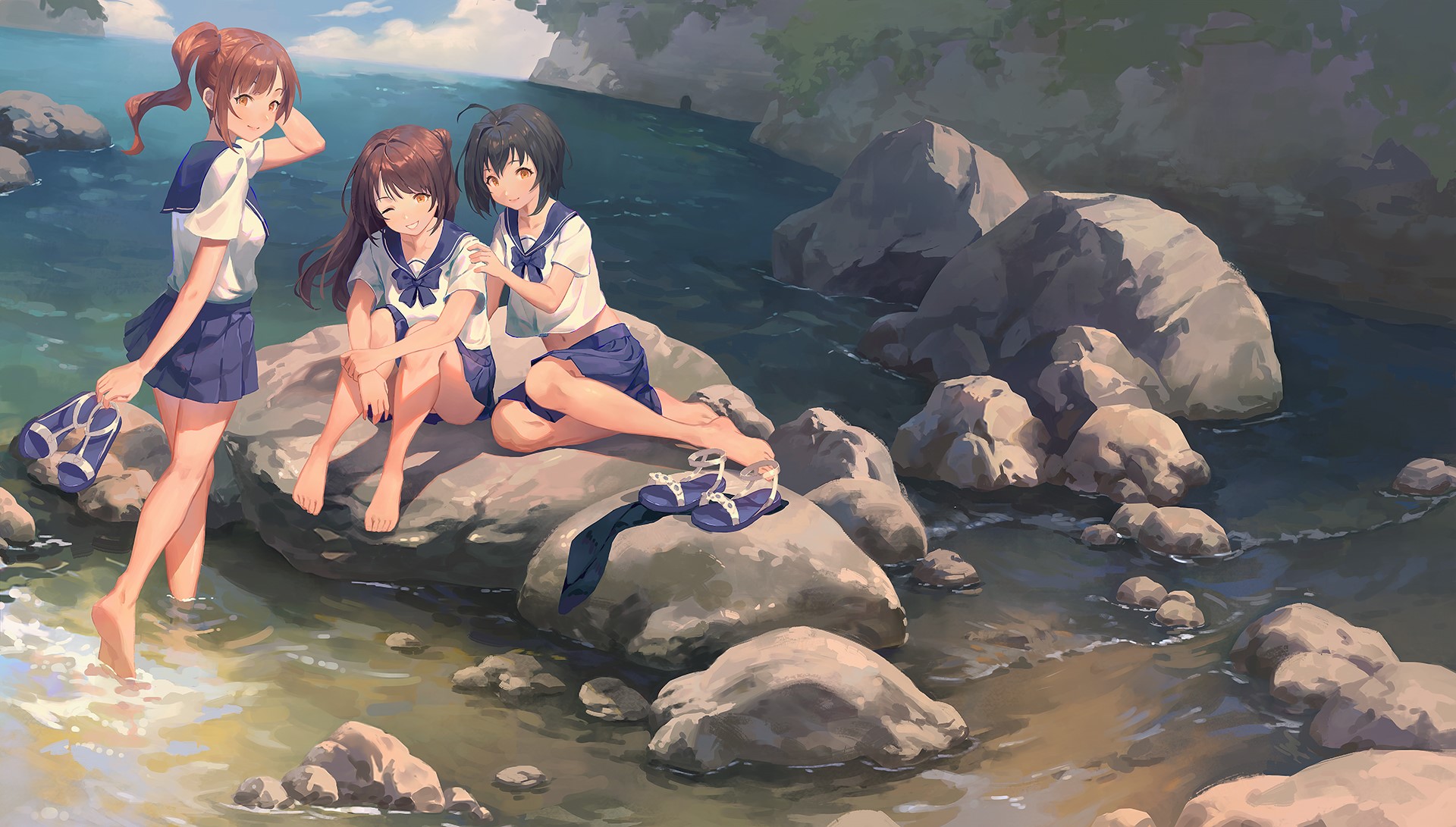 Kohinata Miho, artwork, Igarashi Kyouko, dark hair, anime girls, smile, barefoot, water, THE, school uniform, legs, brunette, Shimamura Uzuki, Gawain HD Wallpaper