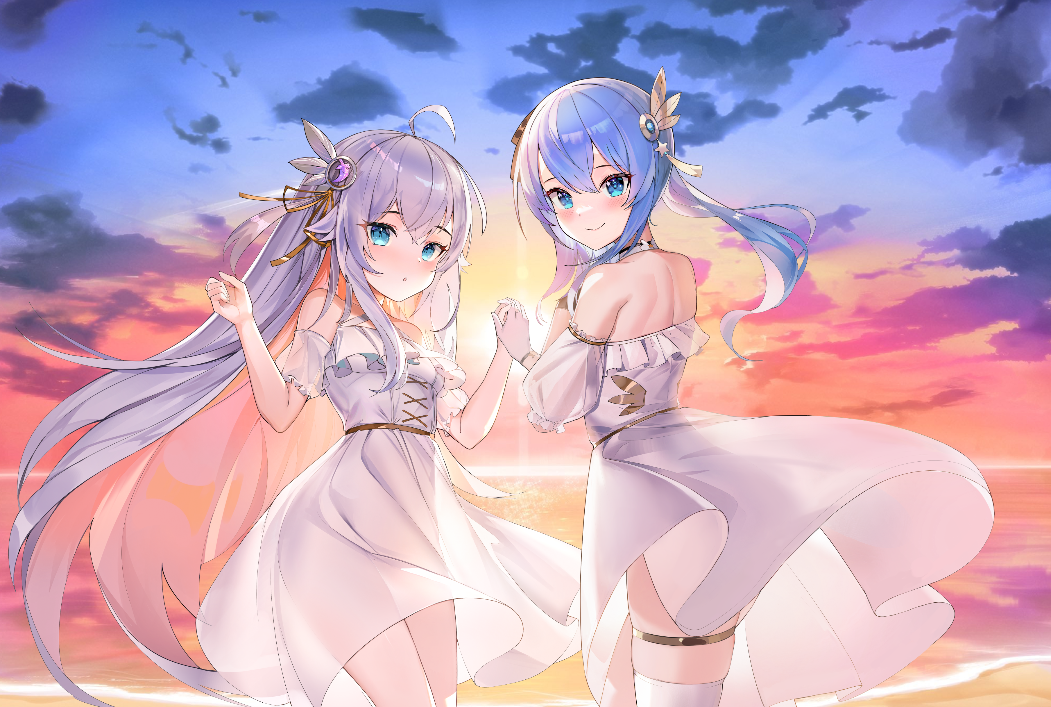Kagura Nana, blue hair, Hololive, sunset, dress, bare shoulders, long hair, artwork, janyhero, anime girls, Hoshimachi Suisei, blush, silver hair, Virtual Youtuber, blue eyes HD Wallpaper