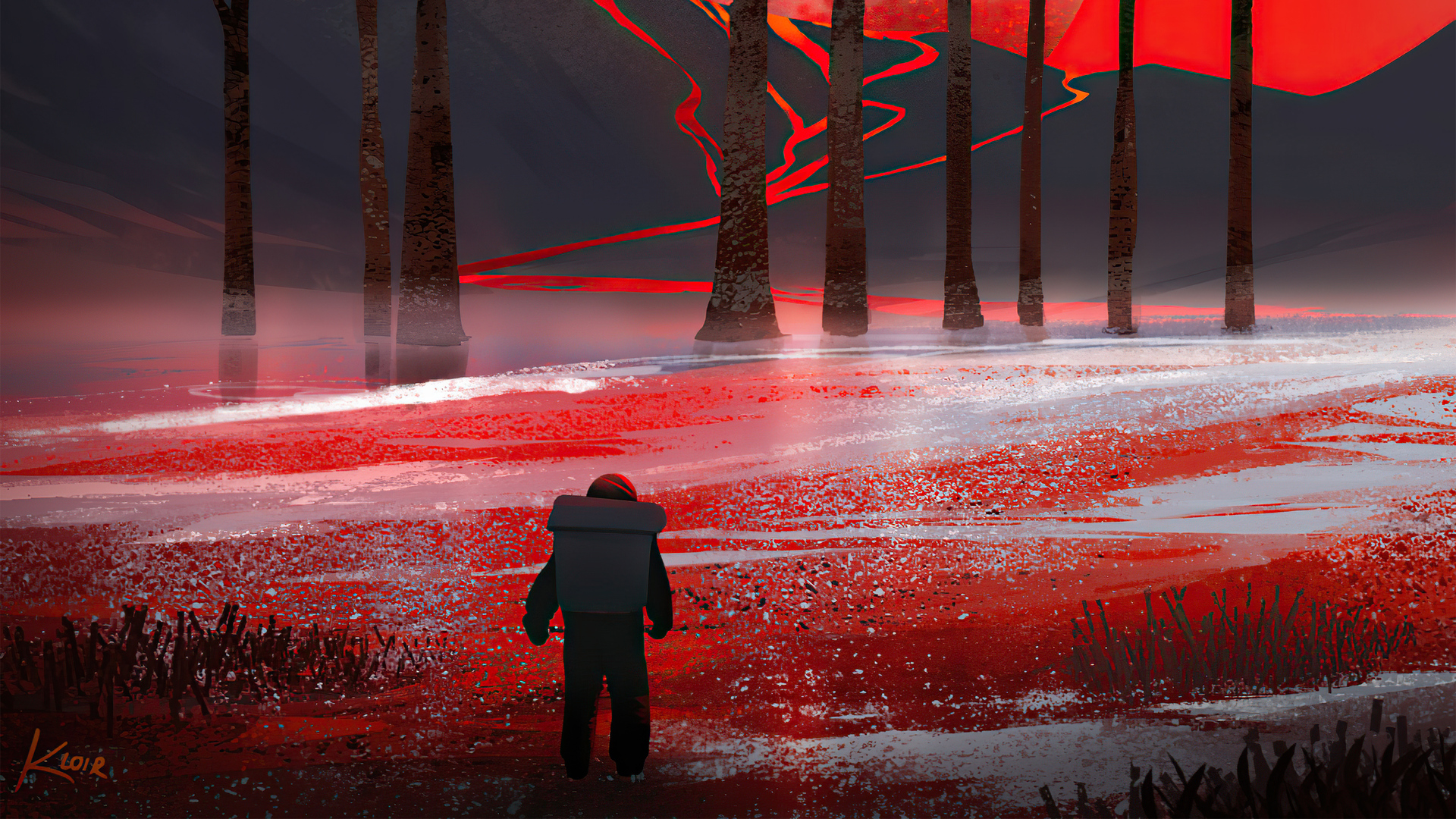 Astronaut exploring a surreal red landscape with lava flows HD Wallpaper