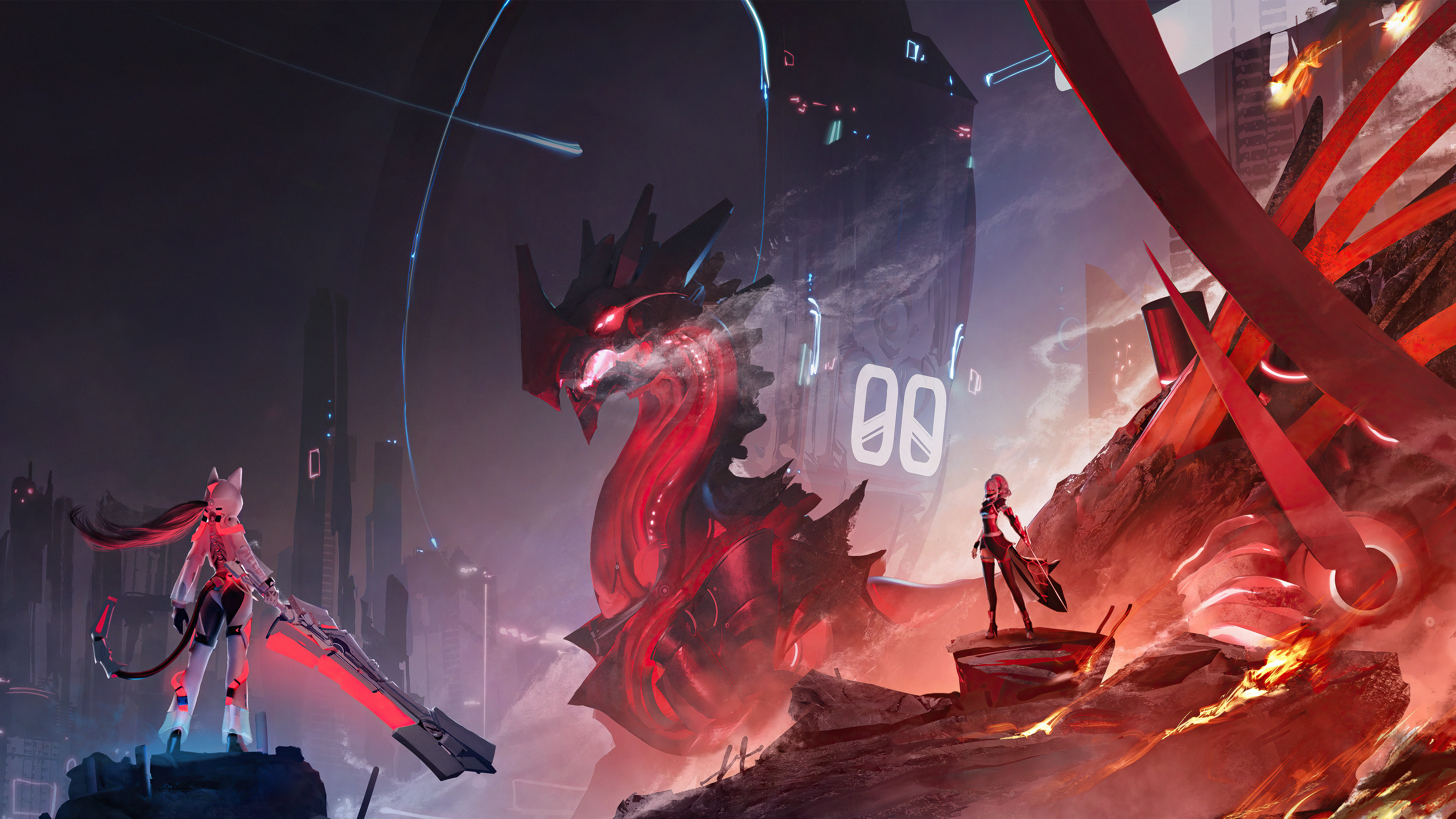 Fantasy Dragon and Woman Warrior in Futuristic City HD Wallpaper