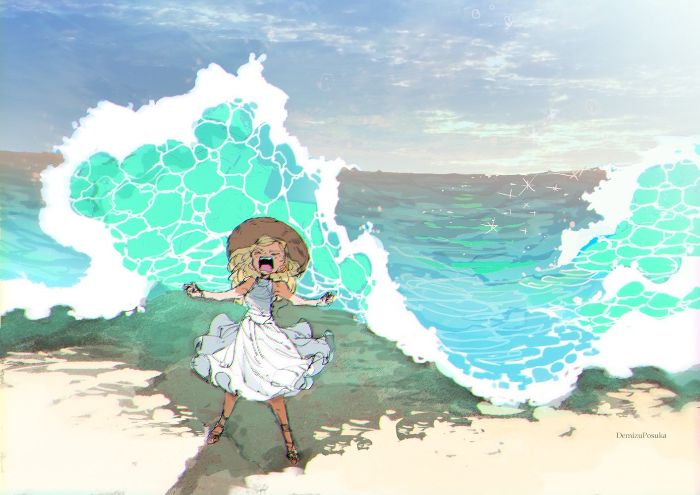 waves, straw hat, anime, DemizuPosuka, original characters, anime girls, shore, sun dress HD Wallpaper