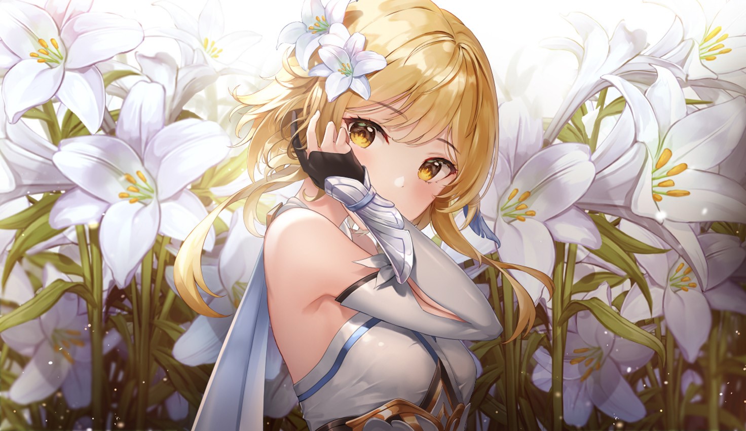 blonde, Lumine (Genshin Impact), Lunacle, anime girls, Genshin Impact, yellow eyes, flowers HD Wallpaper