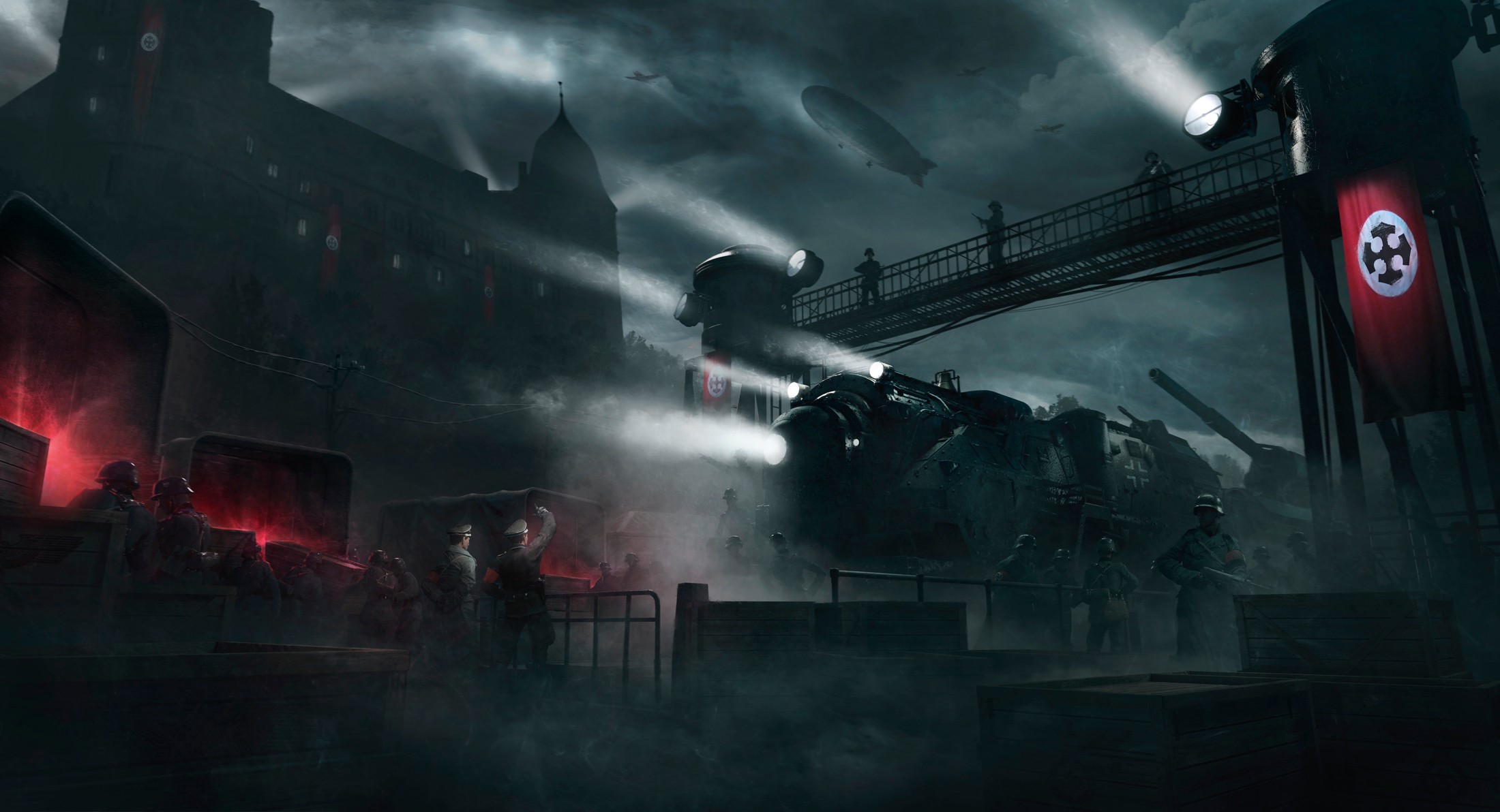 night, castle, digital art, train, train station, war HD Wallpaper