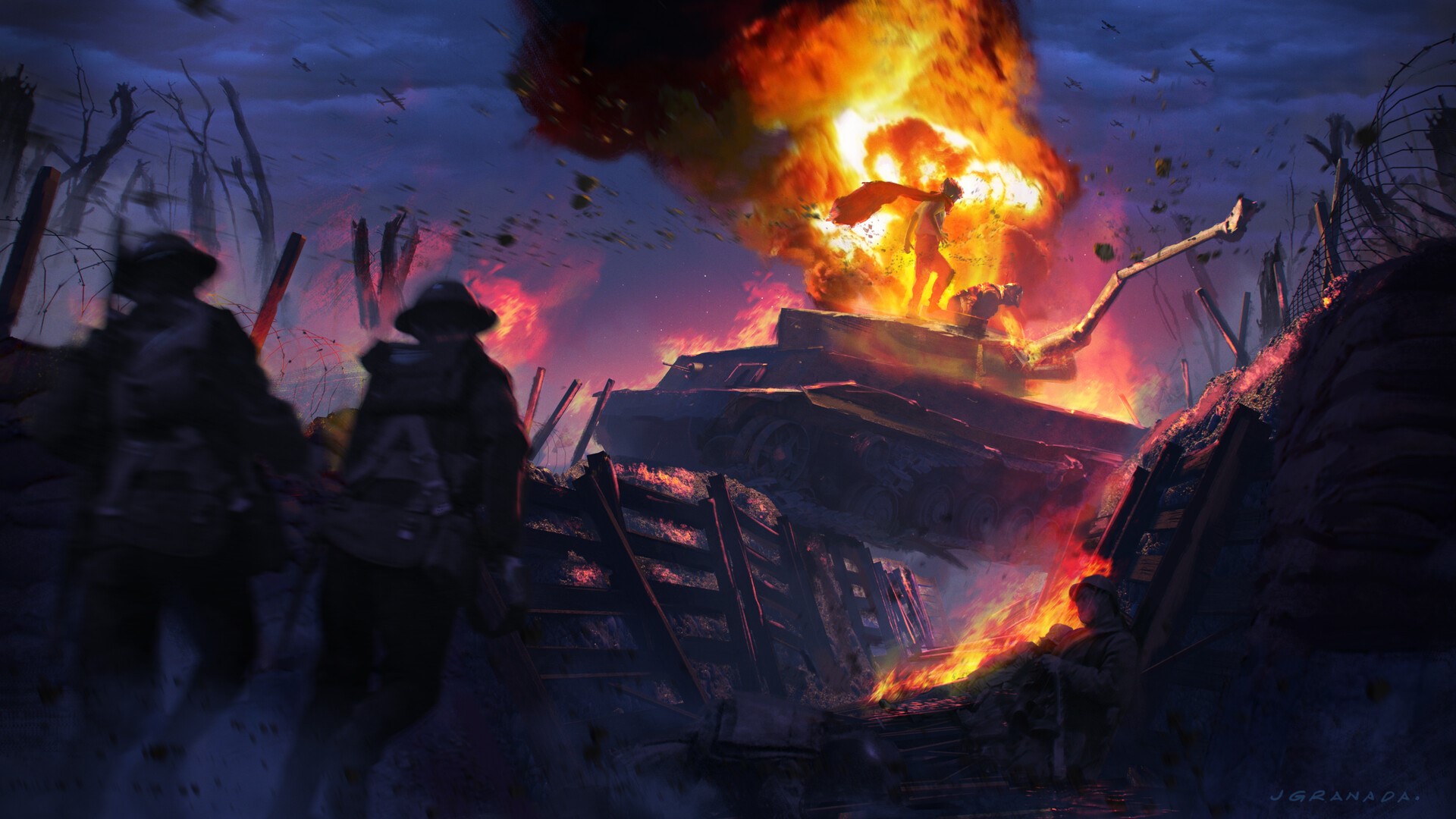 war, tank, digital art, fire, Trenches, soldier, evil HD Wallpaper