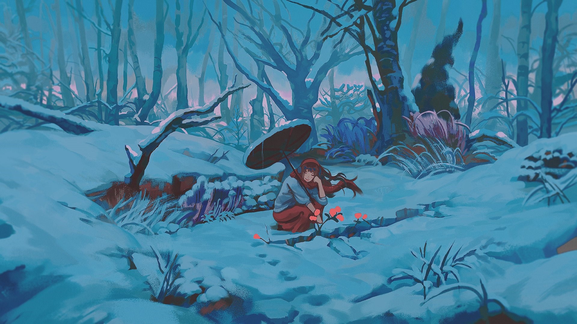 umbrella, women, trees, artwork, winter, snow, forest HD Wallpaper