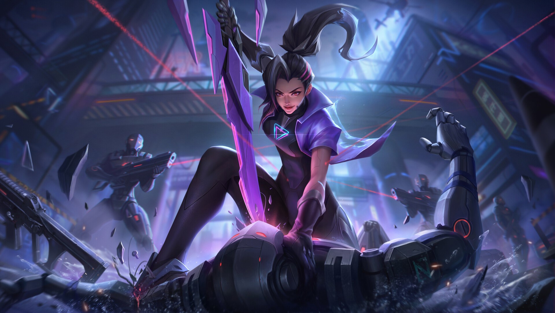 illustration, artwork, Jaryn Chan, dark hair, red eyes, robot, digital art, sword, ArtStation, fan art, women, concept art HD Wallpaper
