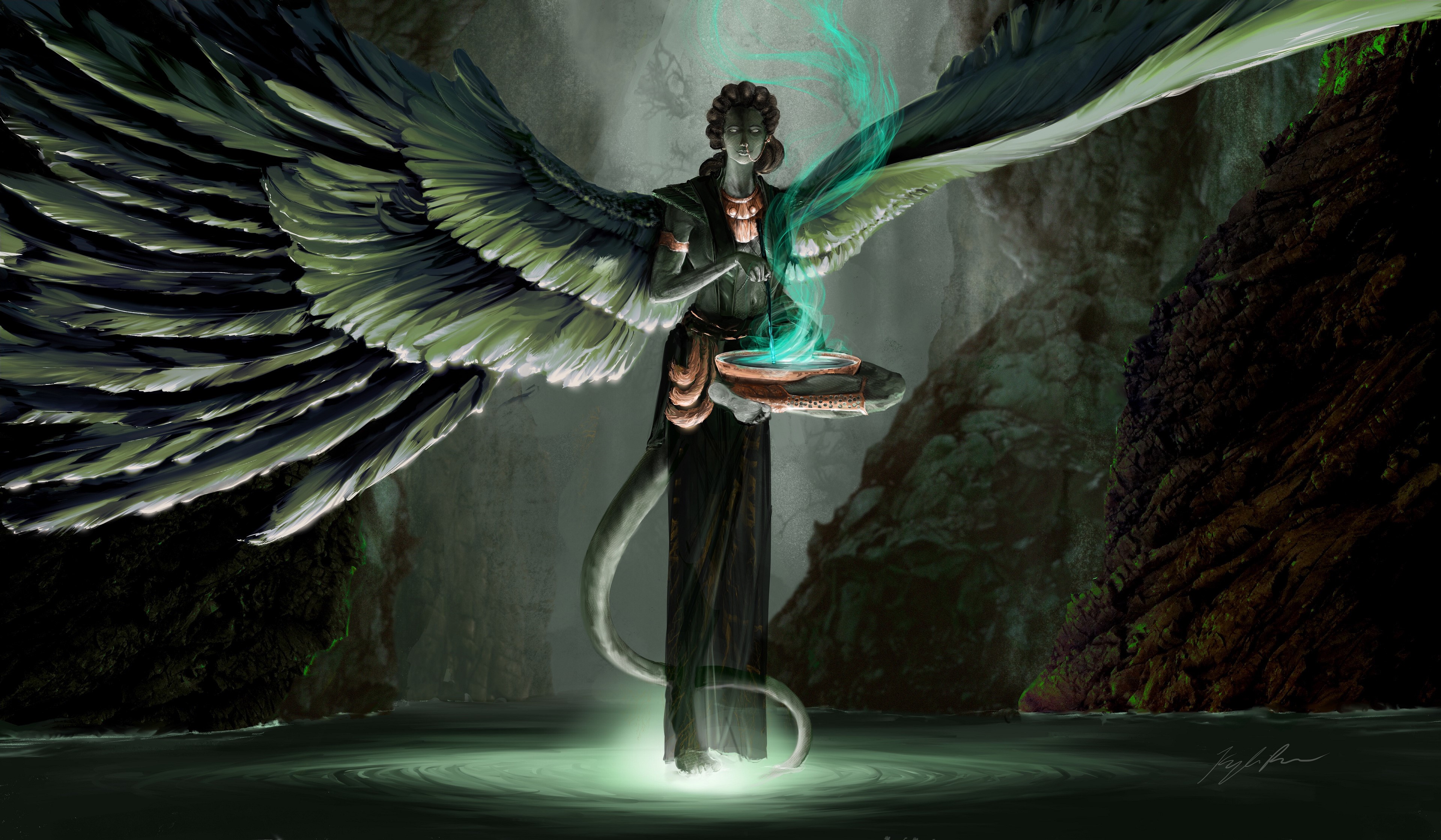 4K, artwork, fantasy art, wings, tail HD Wallpaper